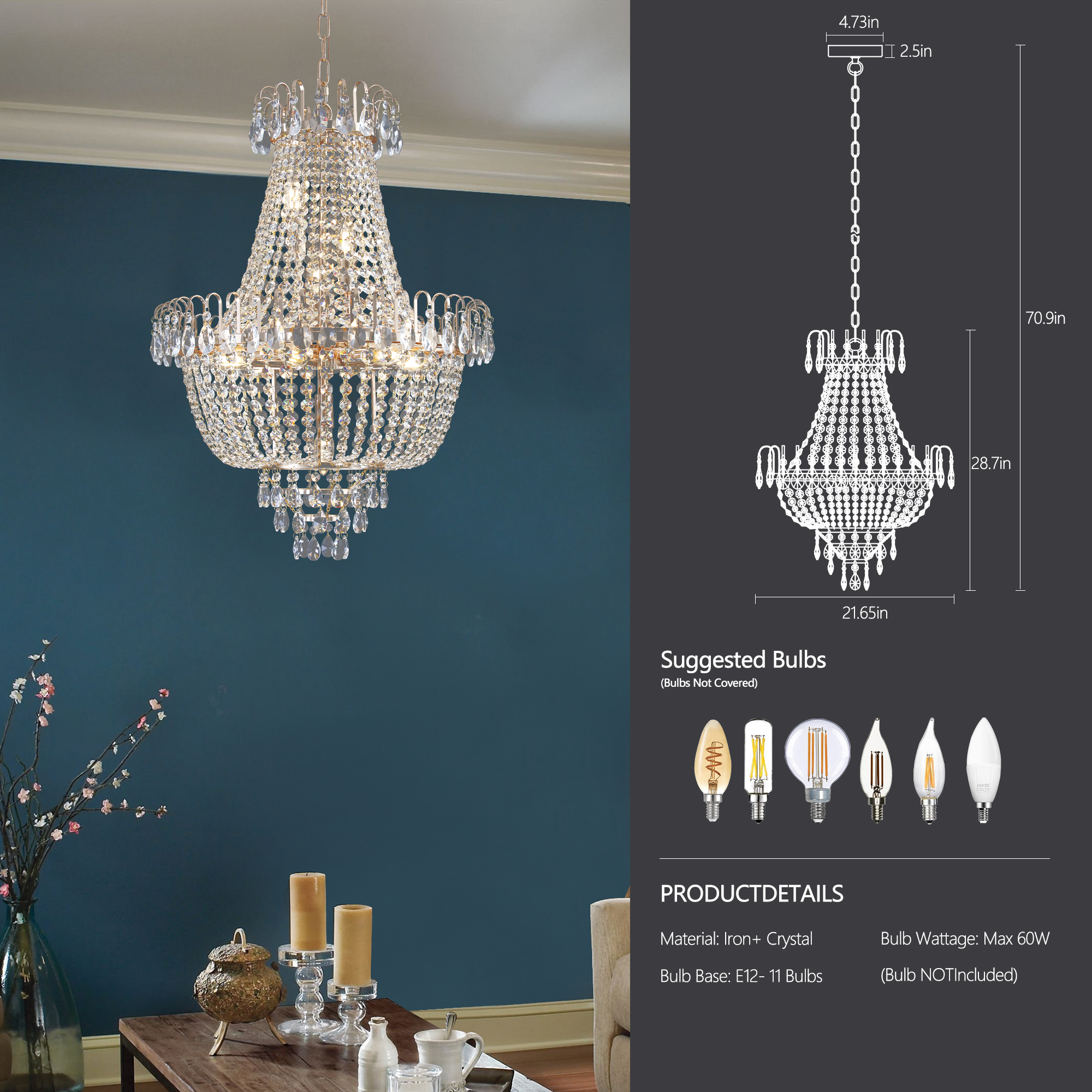 (Same as W1340P143189)Gold Crystal Chandeliers,Large Contemporary Luxury Ceiling Lighting for Living Room Dining Room Bedroom Hallway (Without Bulb) - Image 4