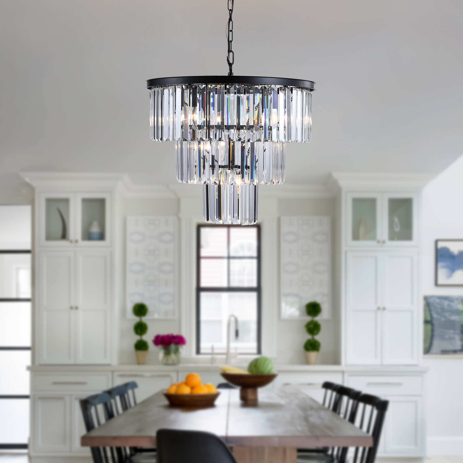 (NEW SKU:W1340P189315) 20" Modern Crystal Chandelier with Black Finish – Elegant 7-Light Pendant Light with 3 Tier Crystal Strands for Dining Room, Living Room, or Bedroom (Bulb Not Included) - Image 2