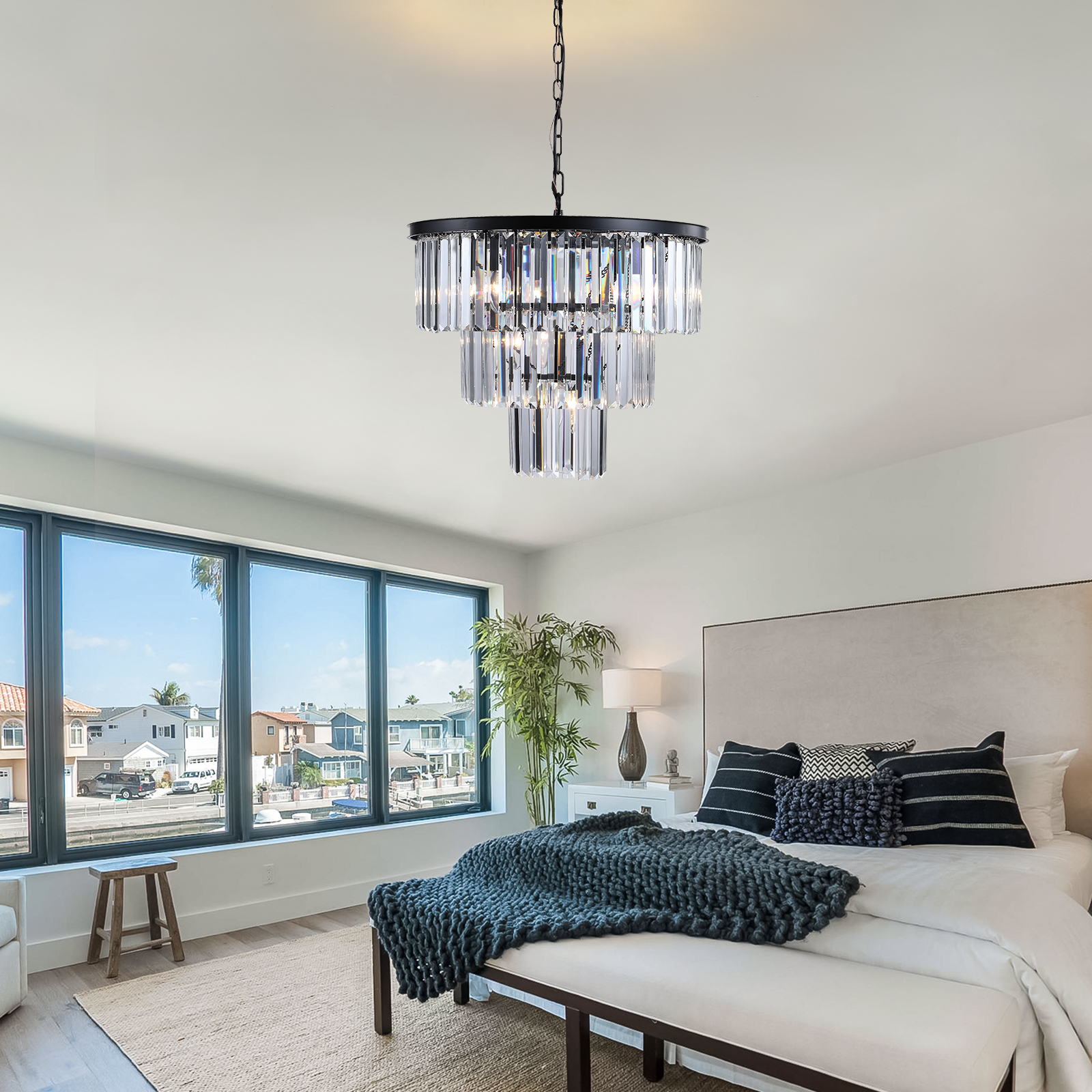 (NEW SKU:W1340P189315) 20" Modern Crystal Chandelier with Black Finish – Elegant 7-Light Pendant Light with 3 Tier Crystal Strands for Dining Room, Living Room, or Bedroom (Bulb Not Included) - Image 3