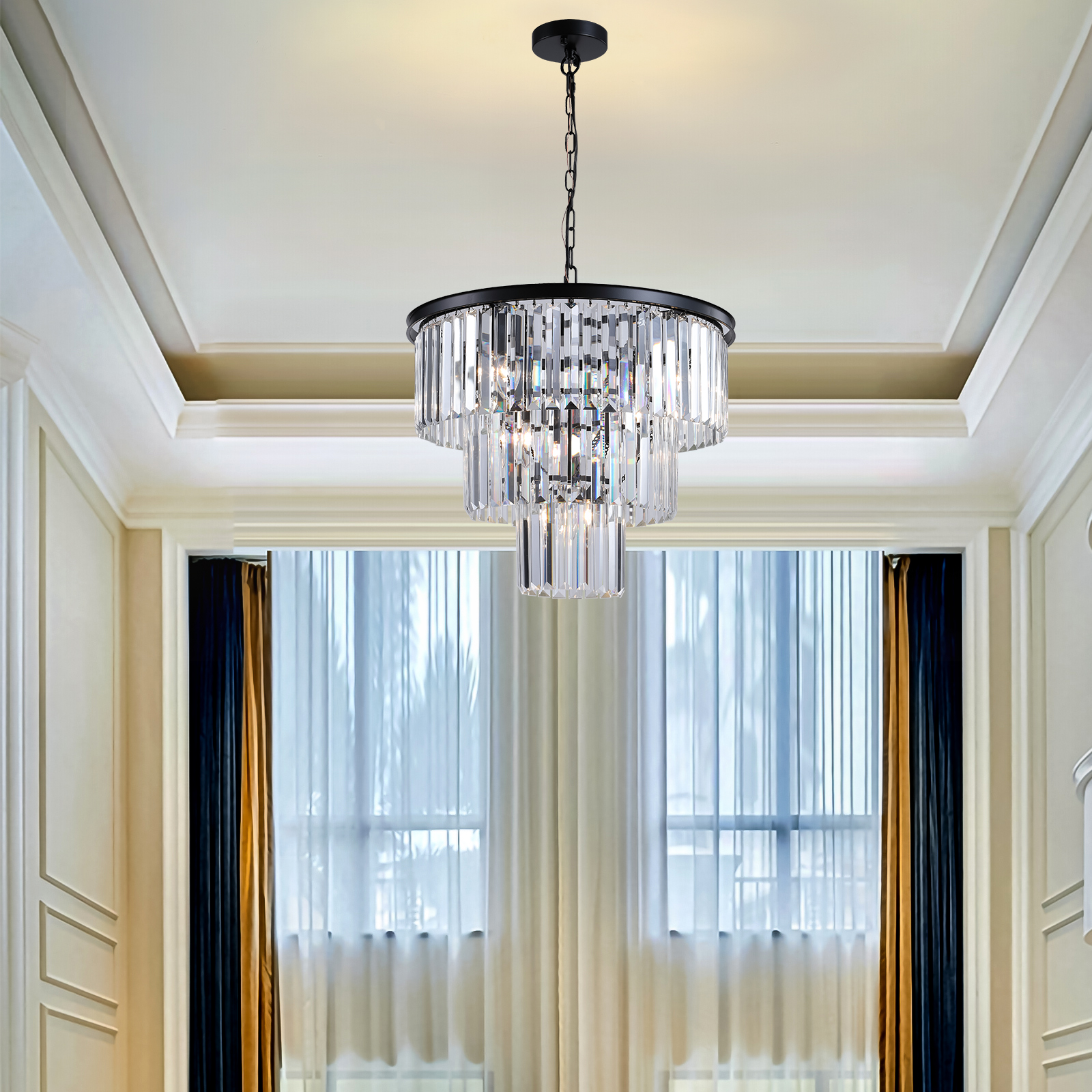 (NEW SKU:W1340P189315) 20" Modern Crystal Chandelier with Black Finish – Elegant 7-Light Pendant Light with 3 Tier Crystal Strands for Dining Room, Living Room, or Bedroom (Bulb Not Included) - Image 4
