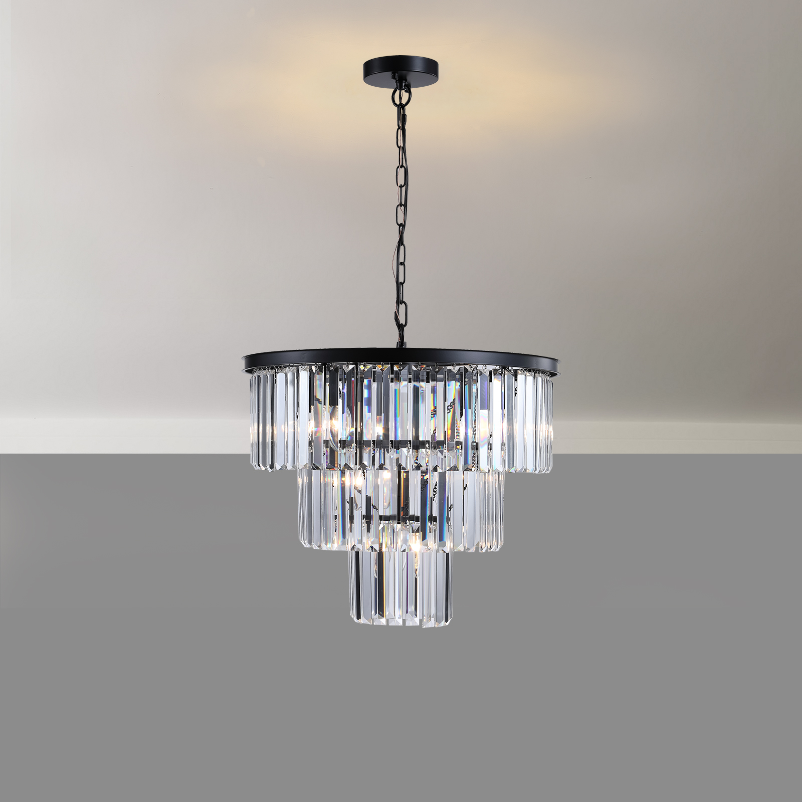 (NEW SKU:W1340P189315) 20" Modern Crystal Chandelier with Black Finish – Elegant 7-Light Pendant Light with 3 Tier Crystal Strands for Dining Room, Living Room, or Bedroom (Bulb Not Included) - Image 6