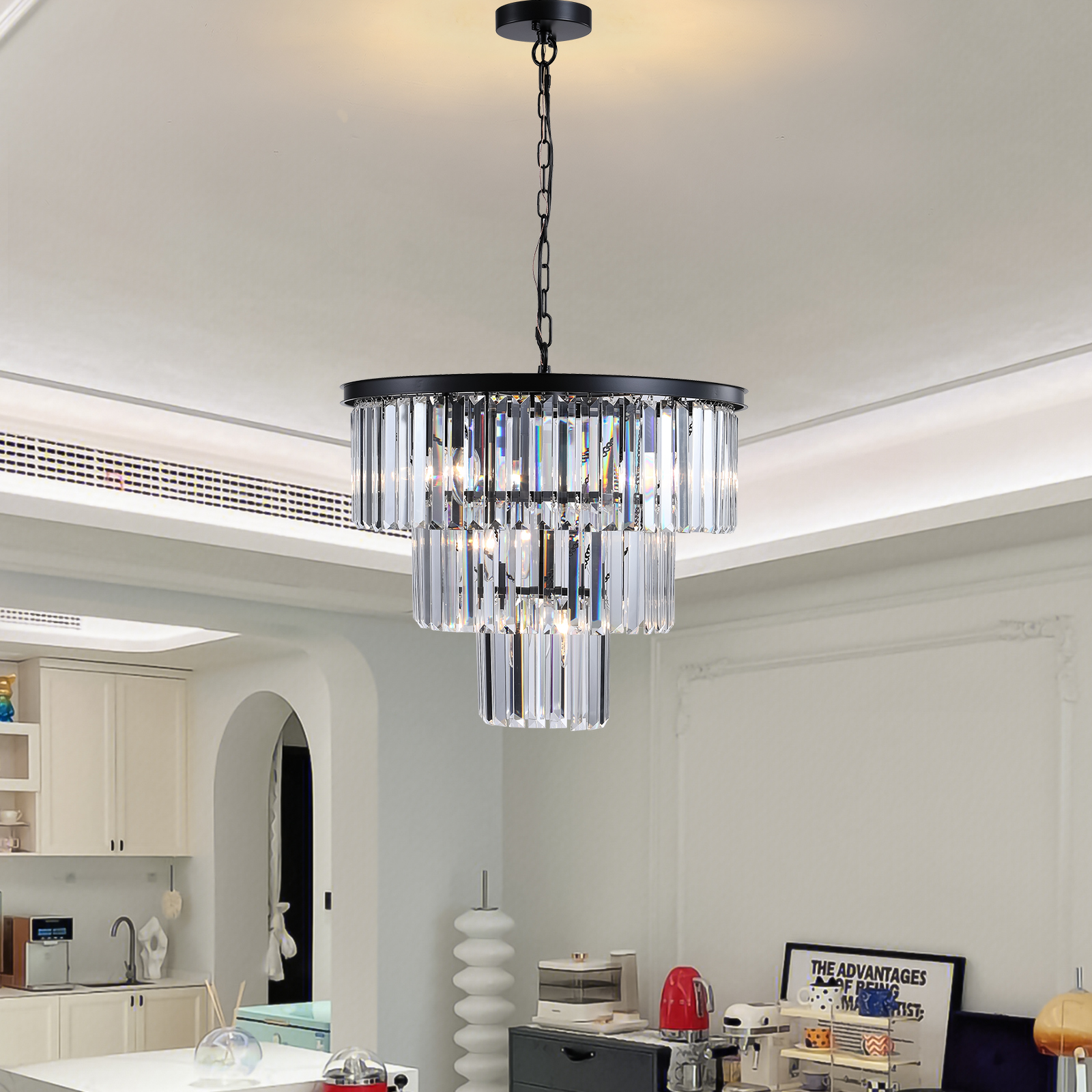 (NEW SKU:W1340P189315) 20" Modern Crystal Chandelier with Black Finish – Elegant 7-Light Pendant Light with 3 Tier Crystal Strands for Dining Room, Living Room, or Bedroom (Bulb Not Included) - Image 5