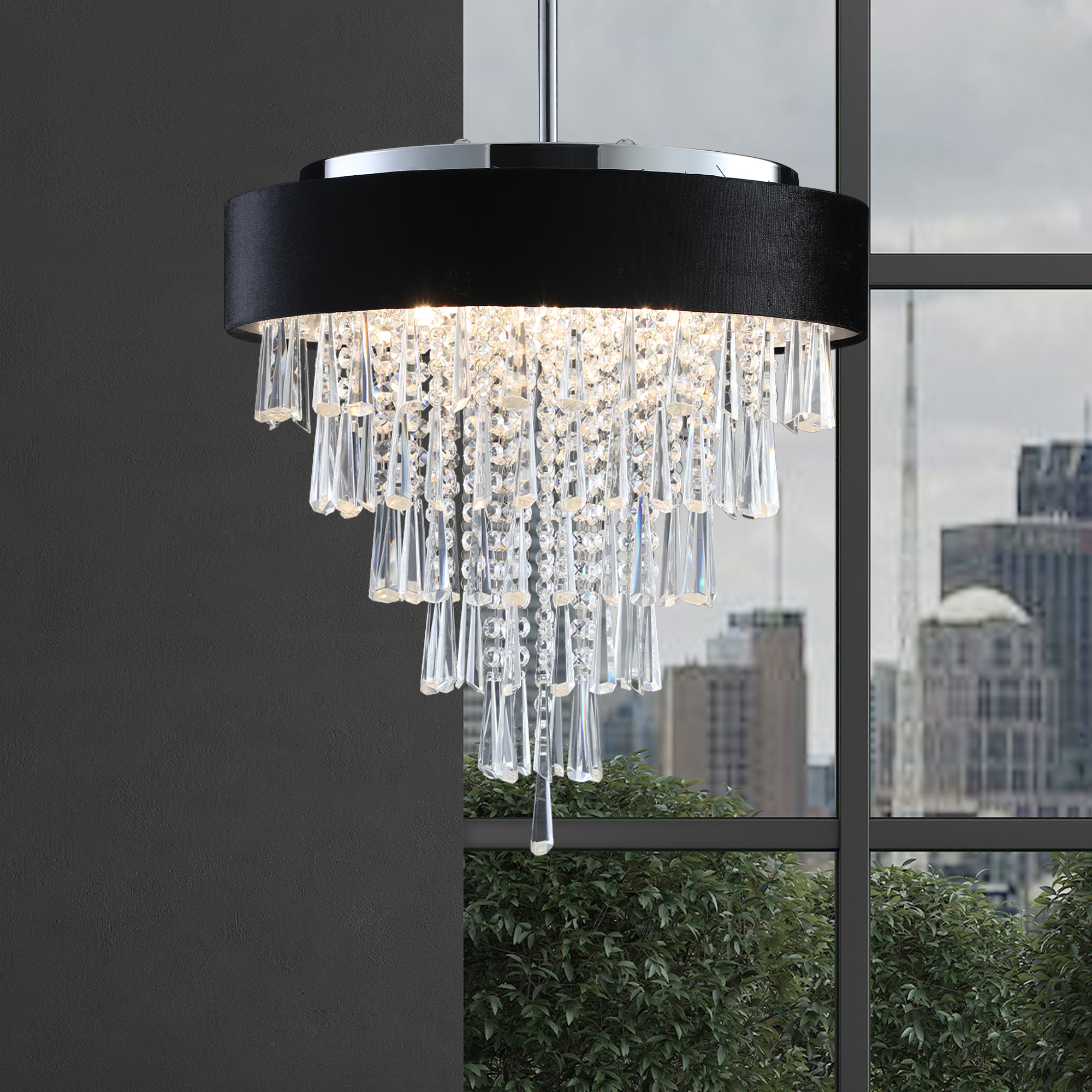 18-inch Modern Crystal Chandelier with Black Imitation Velvet Anti-Glare Shade, Adjustable Height, 8-Light G9 Base for Dining Room, Living Room, or Bedroom (Bulb Not Included) - Image 2