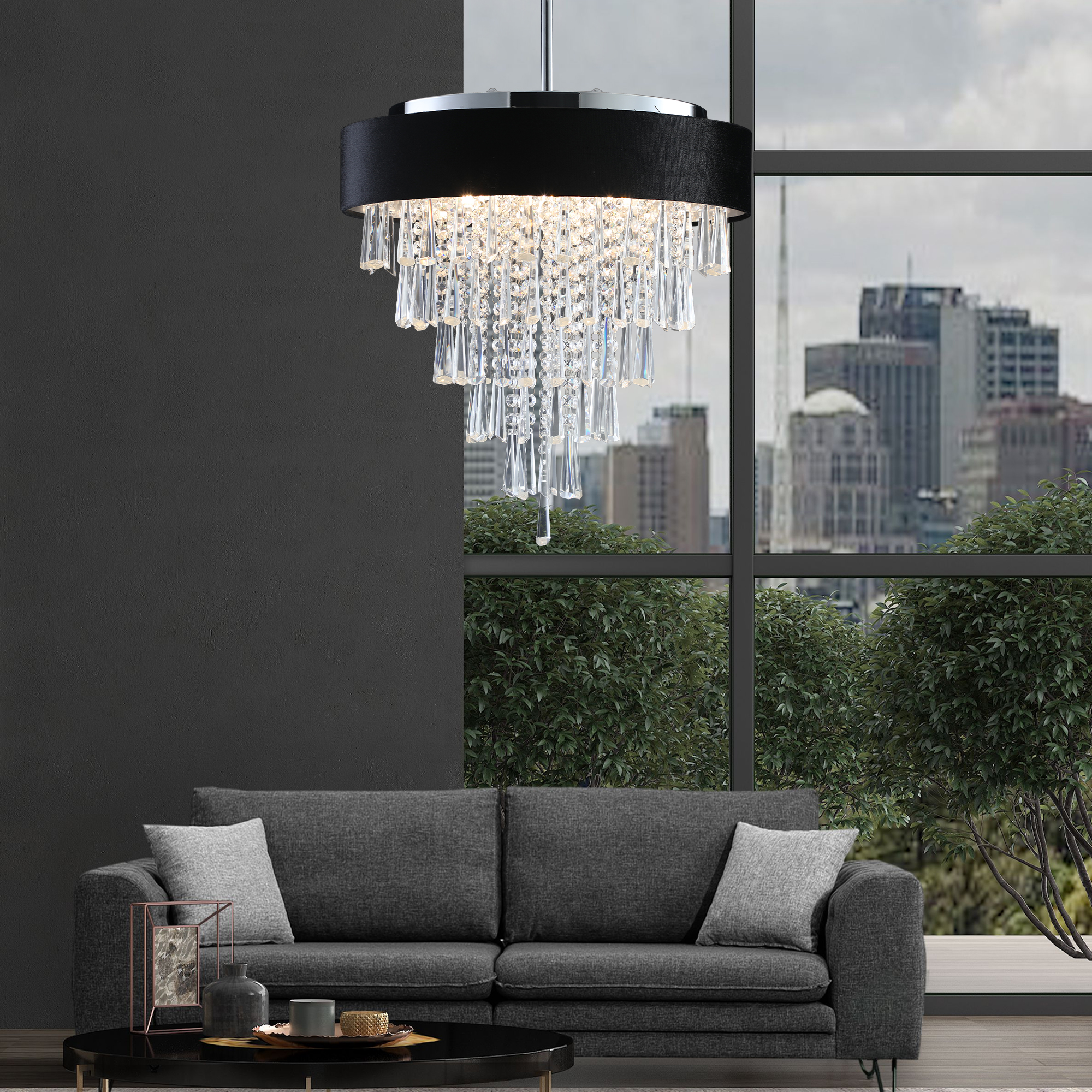 18-inch Modern Crystal Chandelier with Black Imitation Velvet Anti-Glare Shade, Adjustable Height, 8-Light G9 Base for Dining Room, Living Room, or Bedroom (Bulb Not Included) - Image 4