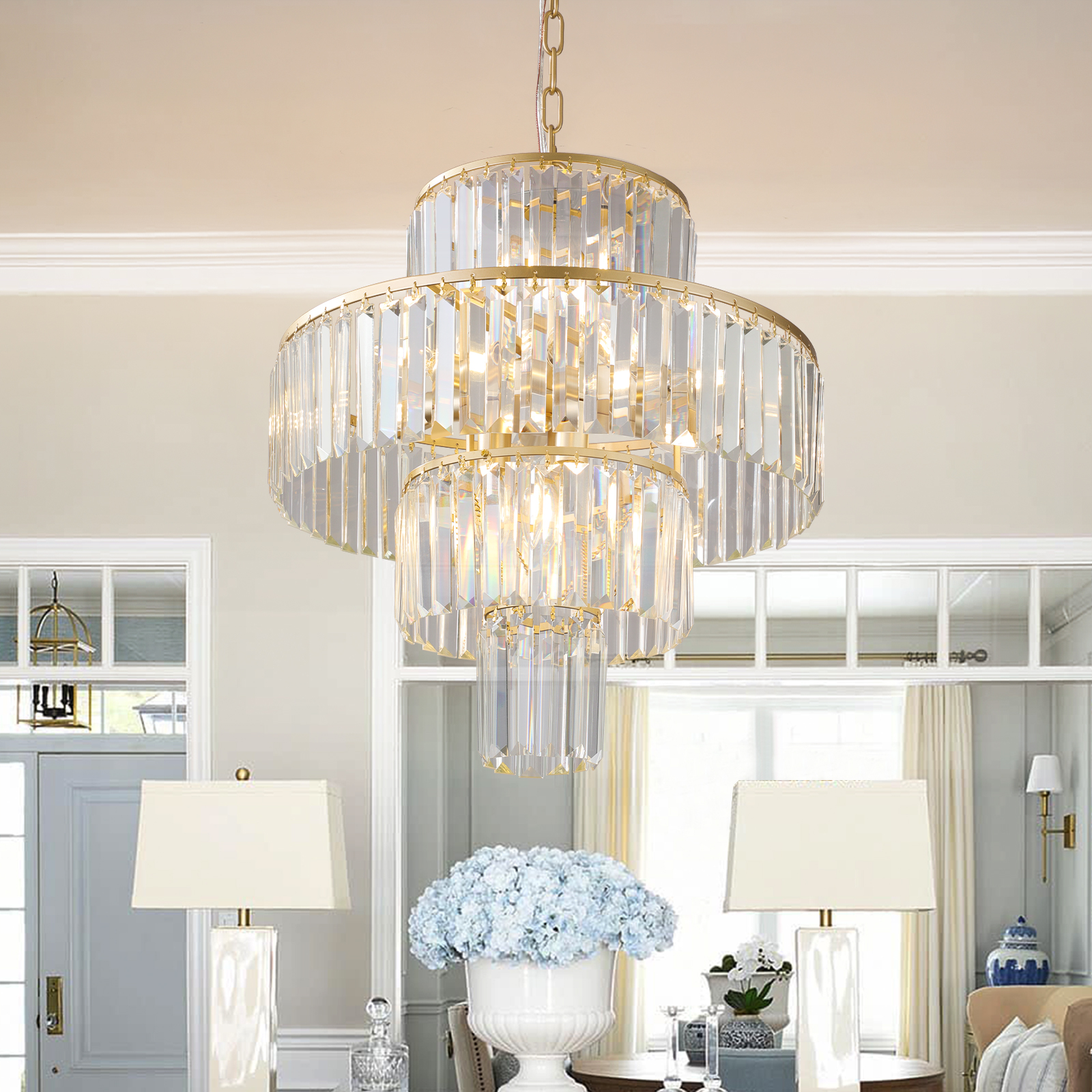 (Same as W1340126461/L5023) 20" Luxury 4-Tier Crystal Chandelier, 12-Light Gold Frame Pendant Light, Elegant Ceiling Lighting for Living Room, Dining Room, Bedroom (No Bulbs) - Image 2