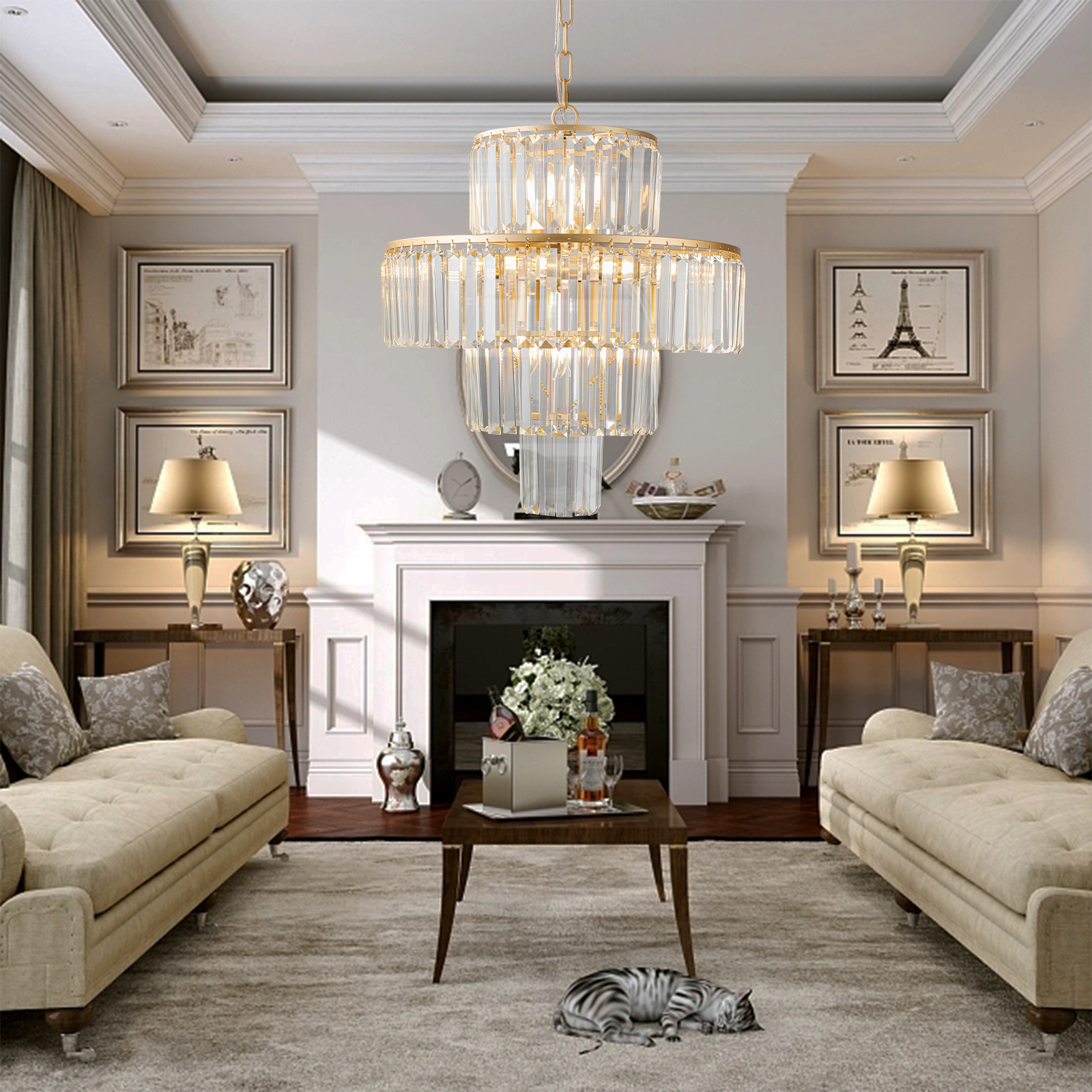 (Same as W1340126461/L5023) 20" Luxury 4-Tier Crystal Chandelier, 12-Light Gold Frame Pendant Light, Elegant Ceiling Lighting for Living Room, Dining Room, Bedroom (No Bulbs) - Image 3