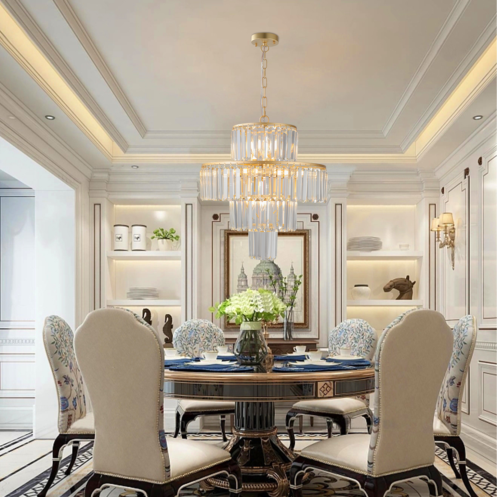 (Same as W1340126461/L5023) 20" Luxury 4-Tier Crystal Chandelier, 12-Light Gold Frame Pendant Light, Elegant Ceiling Lighting for Living Room, Dining Room, Bedroom (No Bulbs) - Image 5