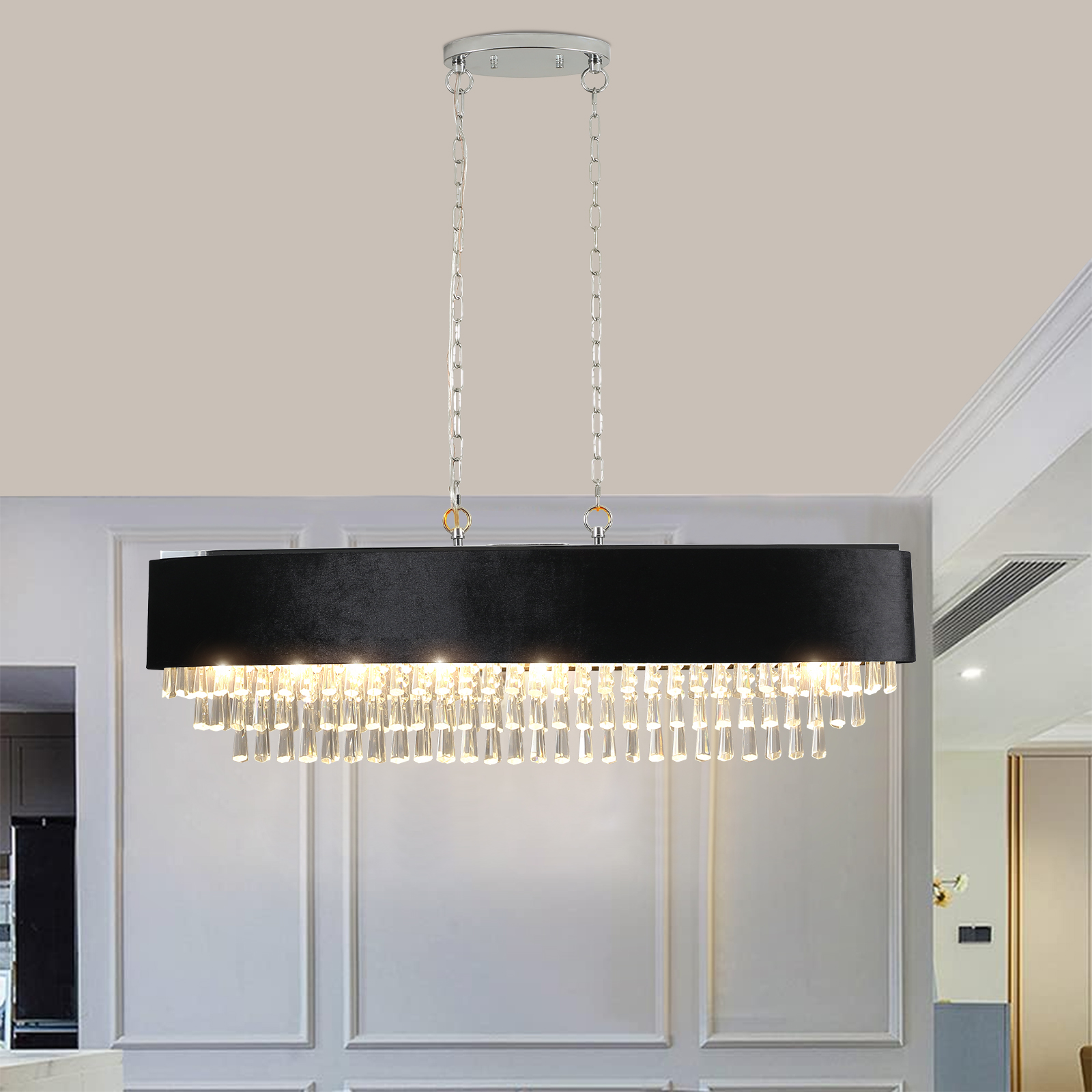 39" Modern Crystal Chandelier with Black Imitation Velvet Anti-Glare Shade, Adjustable Height, 8-Light G9 Base for Dining Room, Living Room, or Bedroom (Bulb Not Included) - Image 2