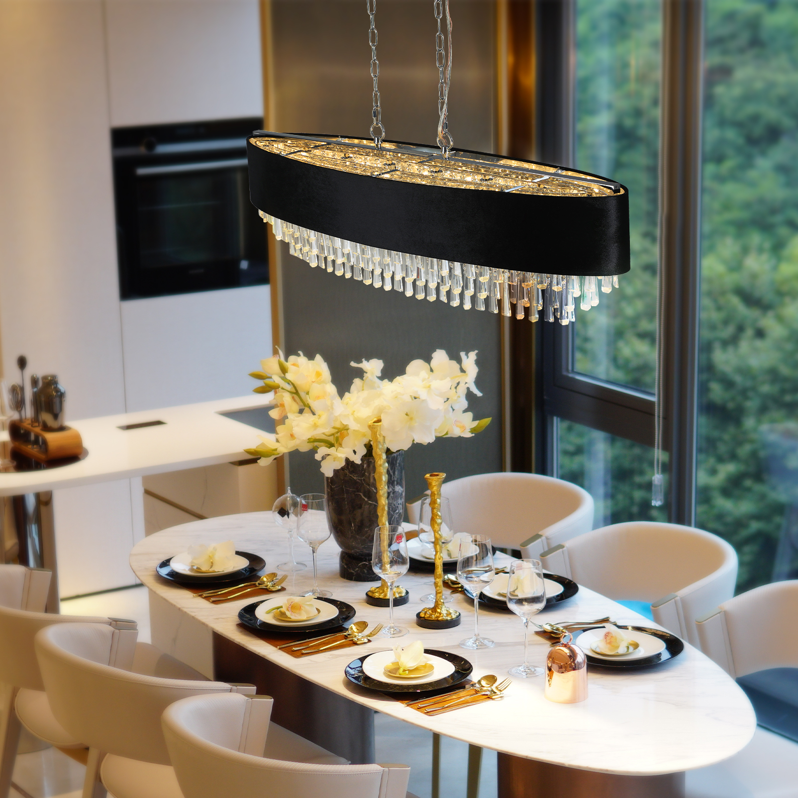 39" Modern Crystal Chandelier with Black Imitation Velvet Anti-Glare Shade, Adjustable Height, 8-Light G9 Base for Dining Room, Living Room, or Bedroom (Bulb Not Included) - Image 3
