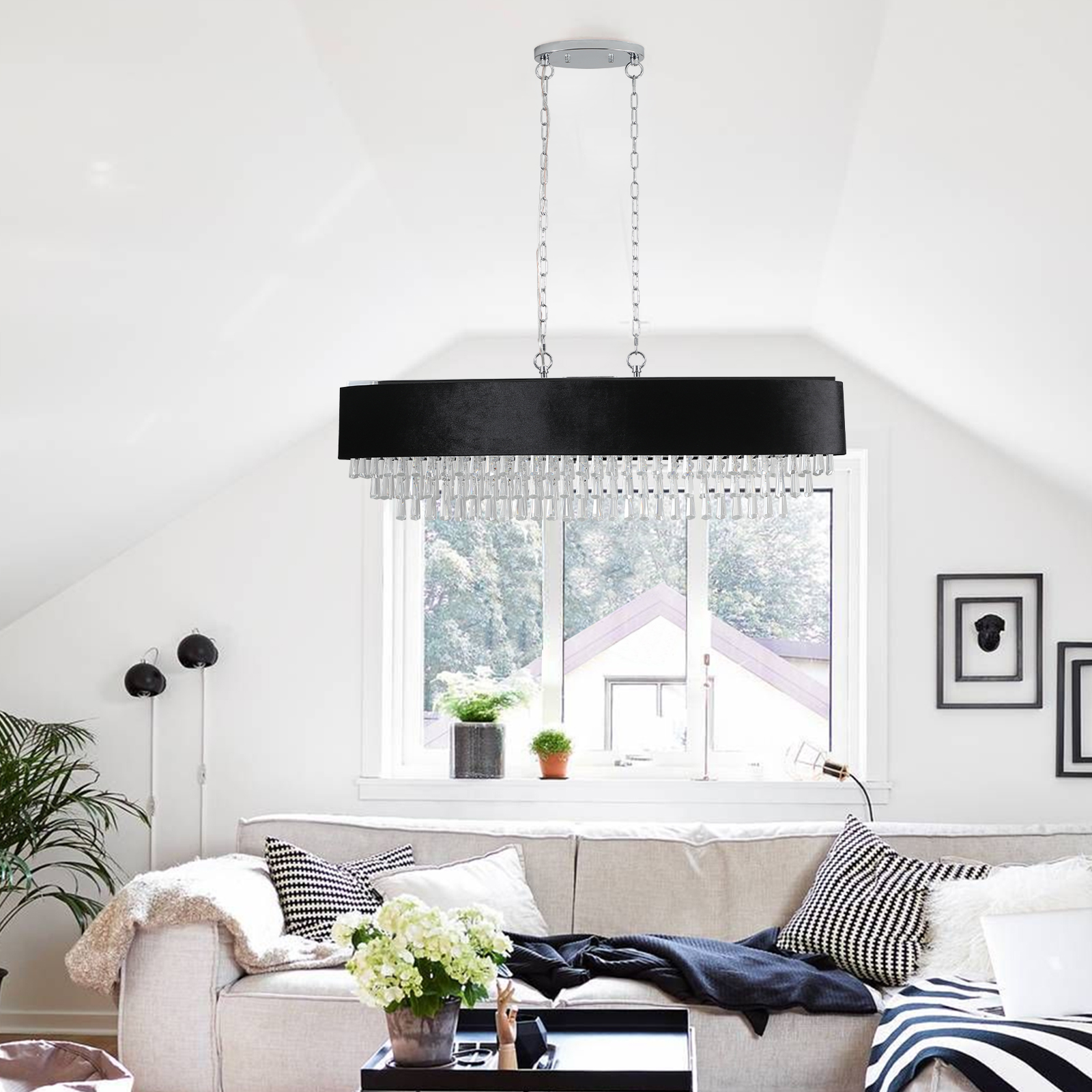 39" Modern Crystal Chandelier with Black Imitation Velvet Anti-Glare Shade, Adjustable Height, 8-Light G9 Base for Dining Room, Living Room, or Bedroom (Bulb Not Included) - Image 4