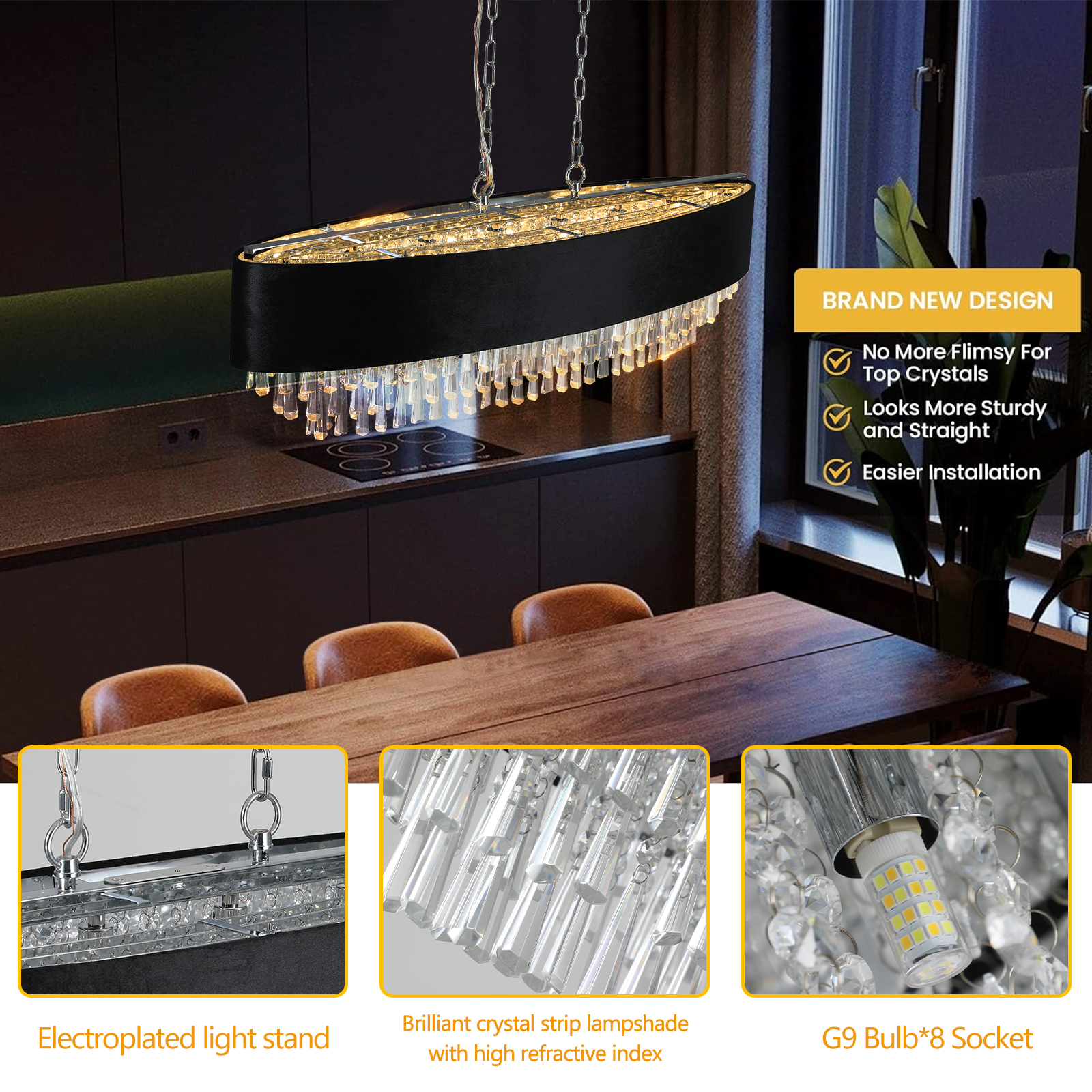 39" Modern Crystal Chandelier with Black Imitation Velvet Anti-Glare Shade, Adjustable Height, 8-Light G9 Base for Dining Room, Living Room, or Bedroom (Bulb Not Included) - Image 5