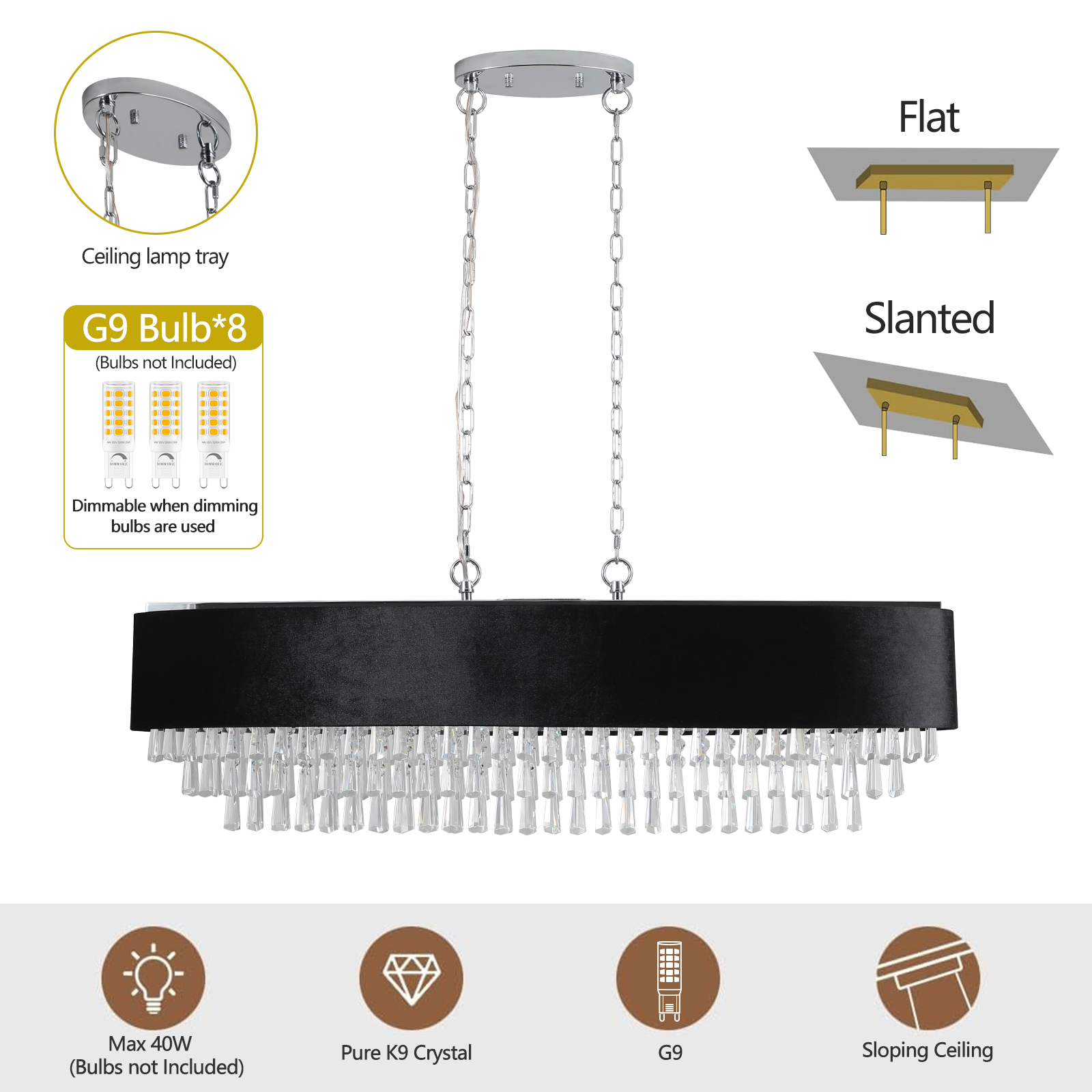 39" Modern Crystal Chandelier with Black Imitation Velvet Anti-Glare Shade, Adjustable Height, 8-Light G9 Base for Dining Room, Living Room, or Bedroom (Bulb Not Included) - Image 6