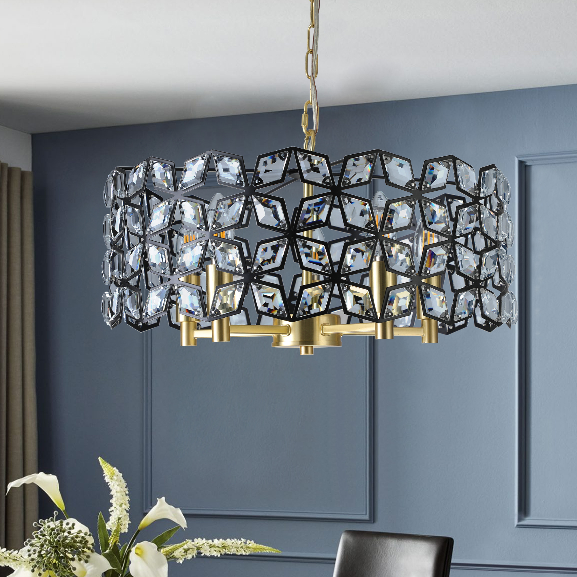 19" Geometric Crystal and BlackGold Round Pendant Chandelier – Modern 5-Light Fixture for Dining Room, Living Room, or Kitchen (Bulb Not Included) - Image 2