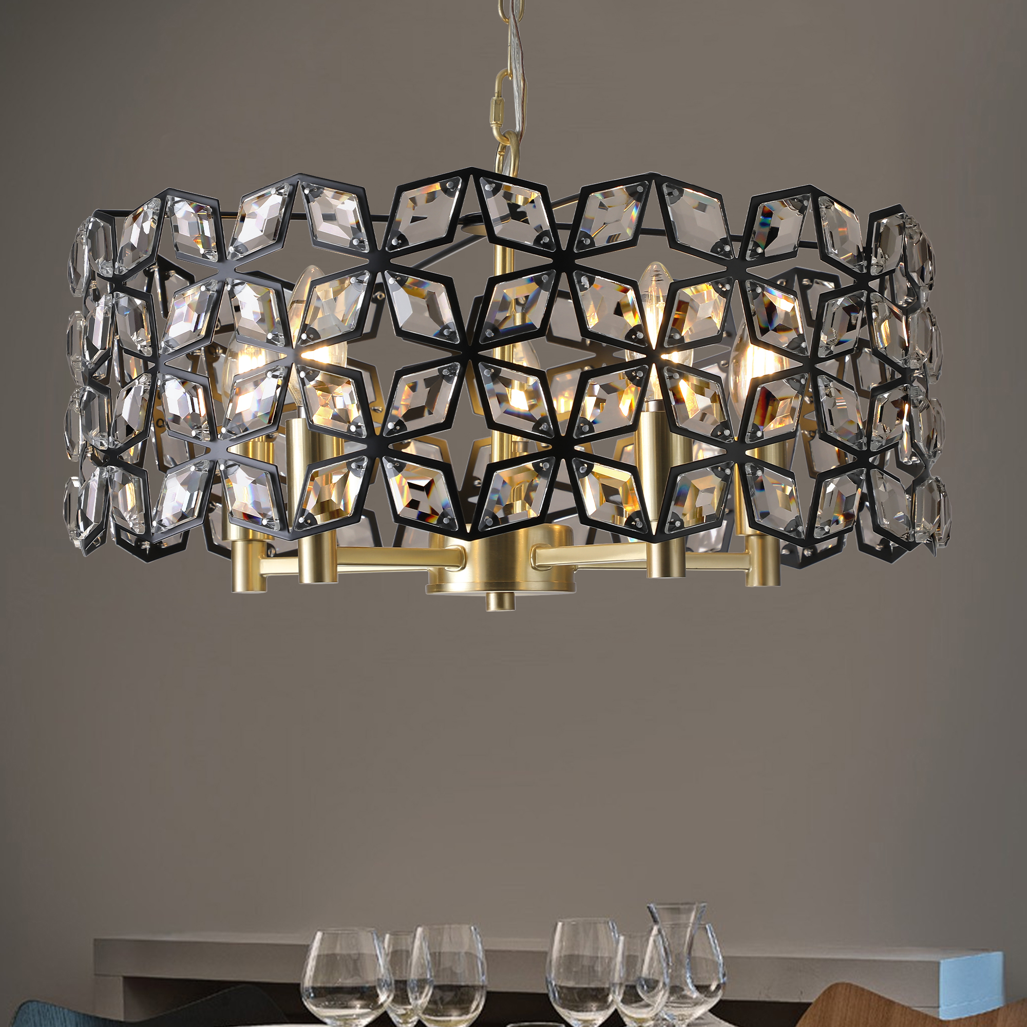 19" Geometric Crystal and BlackGold Round Pendant Chandelier – Modern 5-Light Fixture for Dining Room, Living Room, or Kitchen (Bulb Not Included) - Image 3
