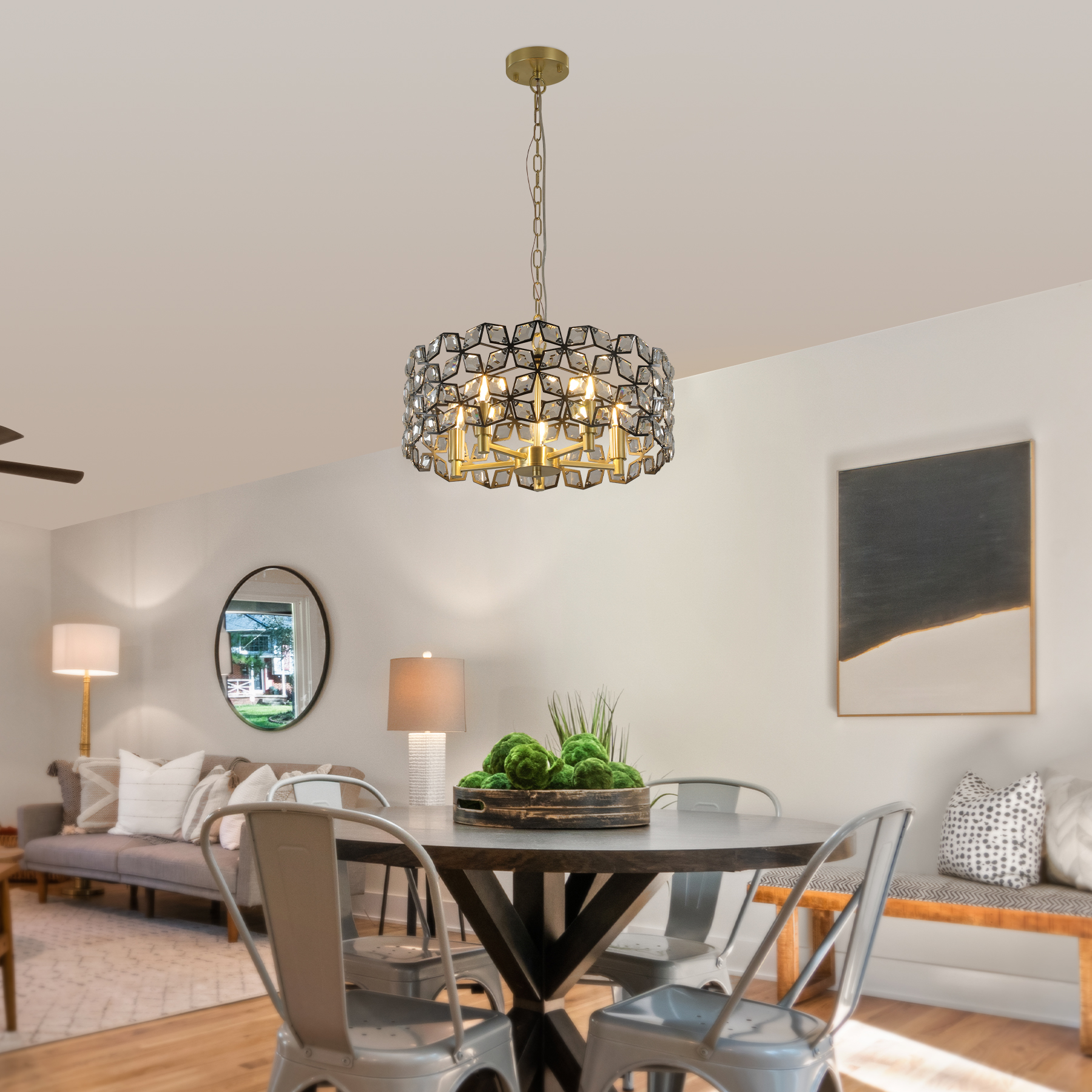 19" Geometric Crystal and BlackGold Round Pendant Chandelier – Modern 5-Light Fixture for Dining Room, Living Room, or Kitchen (Bulb Not Included) - Image 4