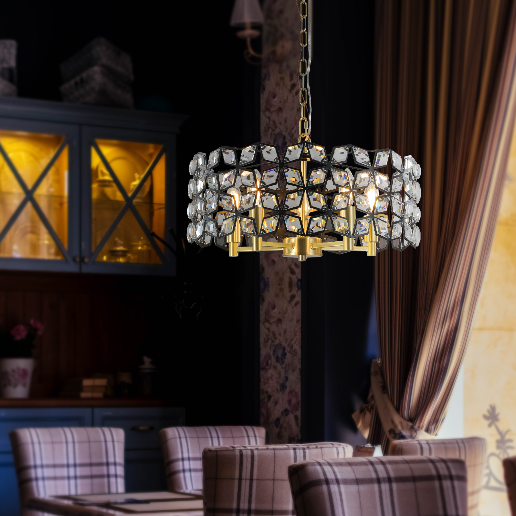 19" Geometric Crystal and BlackGold Round Pendant Chandelier – Modern 5-Light Fixture for Dining Room, Living Room, or Kitchen (Bulb Not Included) - Image 5