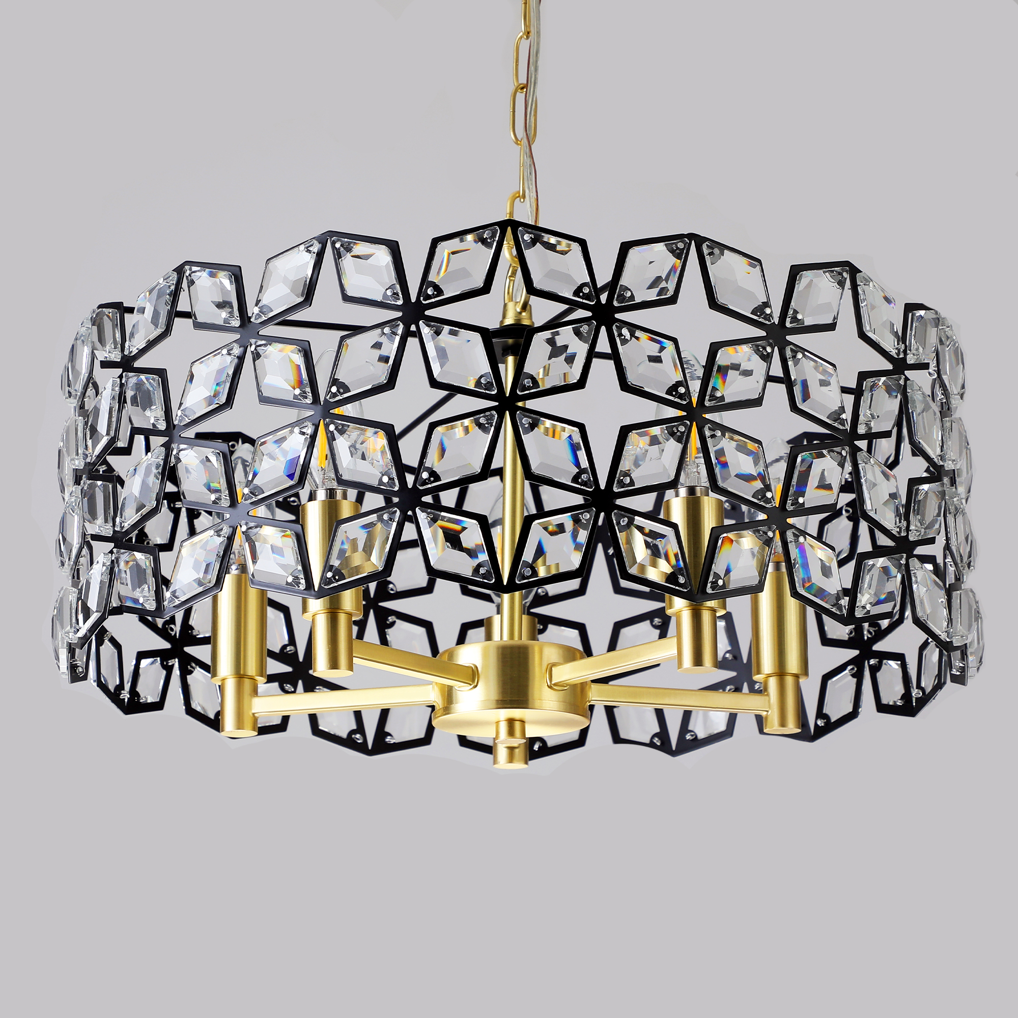 19" Geometric Crystal and BlackGold Round Pendant Chandelier – Modern 5-Light Fixture for Dining Room, Living Room, or Kitchen (Bulb Not Included) - Image 6
