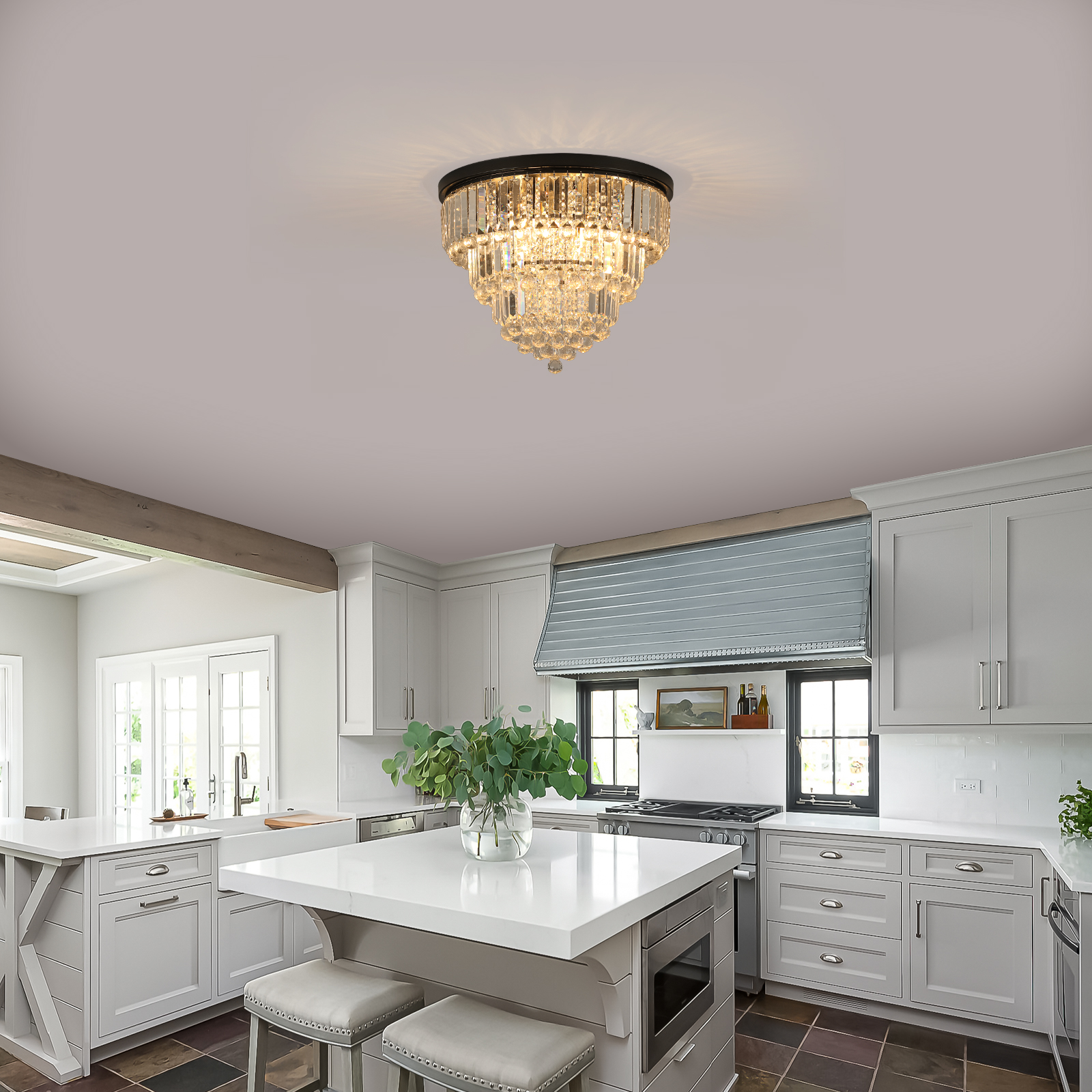 20" Luxury Crystal Flush Mount Ceiling Light with Black Finish – Elegant 6-Light Chandelier for Living Room, Dining Room, or Bedroom (Bulb Not Included) - Image 3