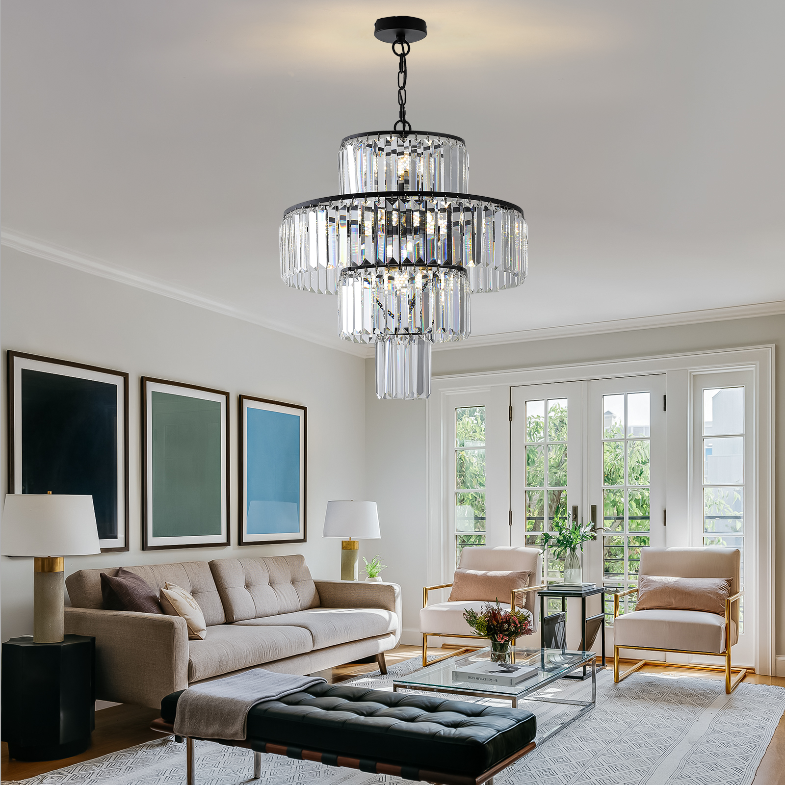 20" Modern Crystal Chandelier with Black Finish, 4-Tier Design for Dining Room or Living Room, Elegant Crystal Pendant Light Fixture (Bulb Not Included) - Image 2