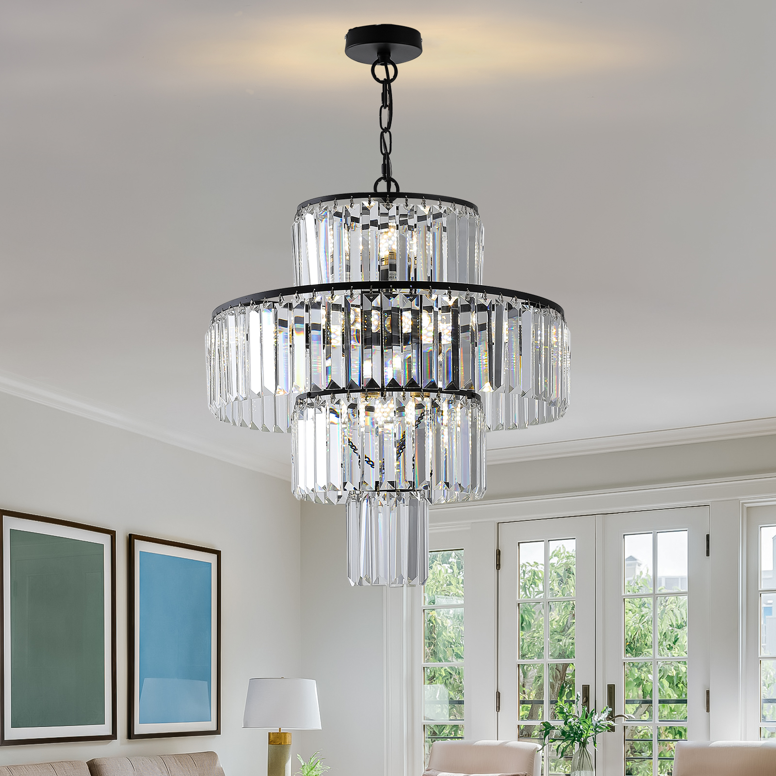 20" Modern Crystal Chandelier with Black Finish, 4-Tier Design for Dining Room or Living Room, Elegant Crystal Pendant Light Fixture (Bulb Not Included) - Image 3