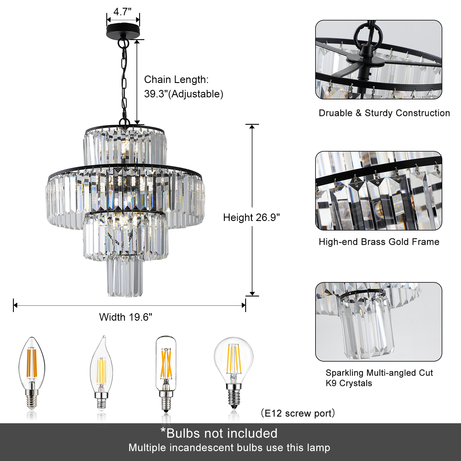 20" Modern Crystal Chandelier with Black Finish, 4-Tier Design for Dining Room or Living Room, Elegant Crystal Pendant Light Fixture (Bulb Not Included) - Image 6