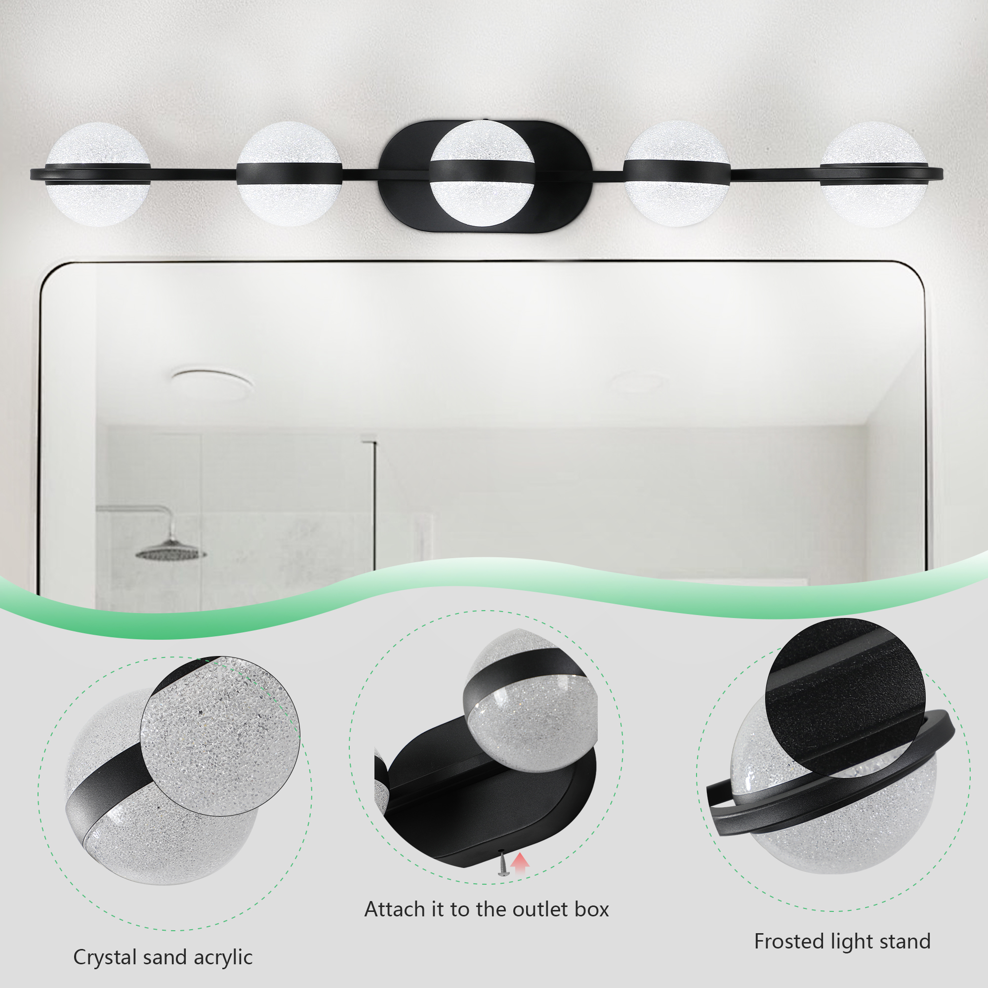 (NEW SKU:W1340P206793) 35" Modern Minimalist Bathroom Vanity Light, LED 5 Bulb Crystal Sand Acrylic Shades, Wall Mounted Decorative Lighting Fixture, Suitable for Bathroom Vanity Mirror (Black) - Image 5