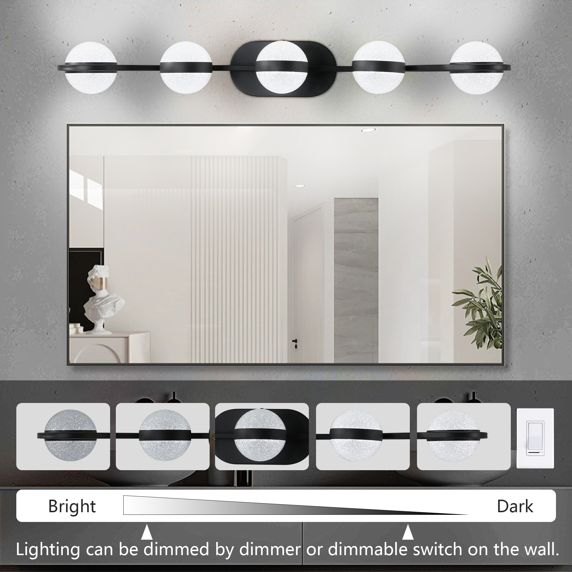 (NEW SKU:W1340P206793) 35" Modern Minimalist Bathroom Vanity Light, LED 5 Bulb Crystal Sand Acrylic Shades, Wall Mounted Decorative Lighting Fixture, Suitable for Bathroom Vanity Mirror (Black) - Image 4