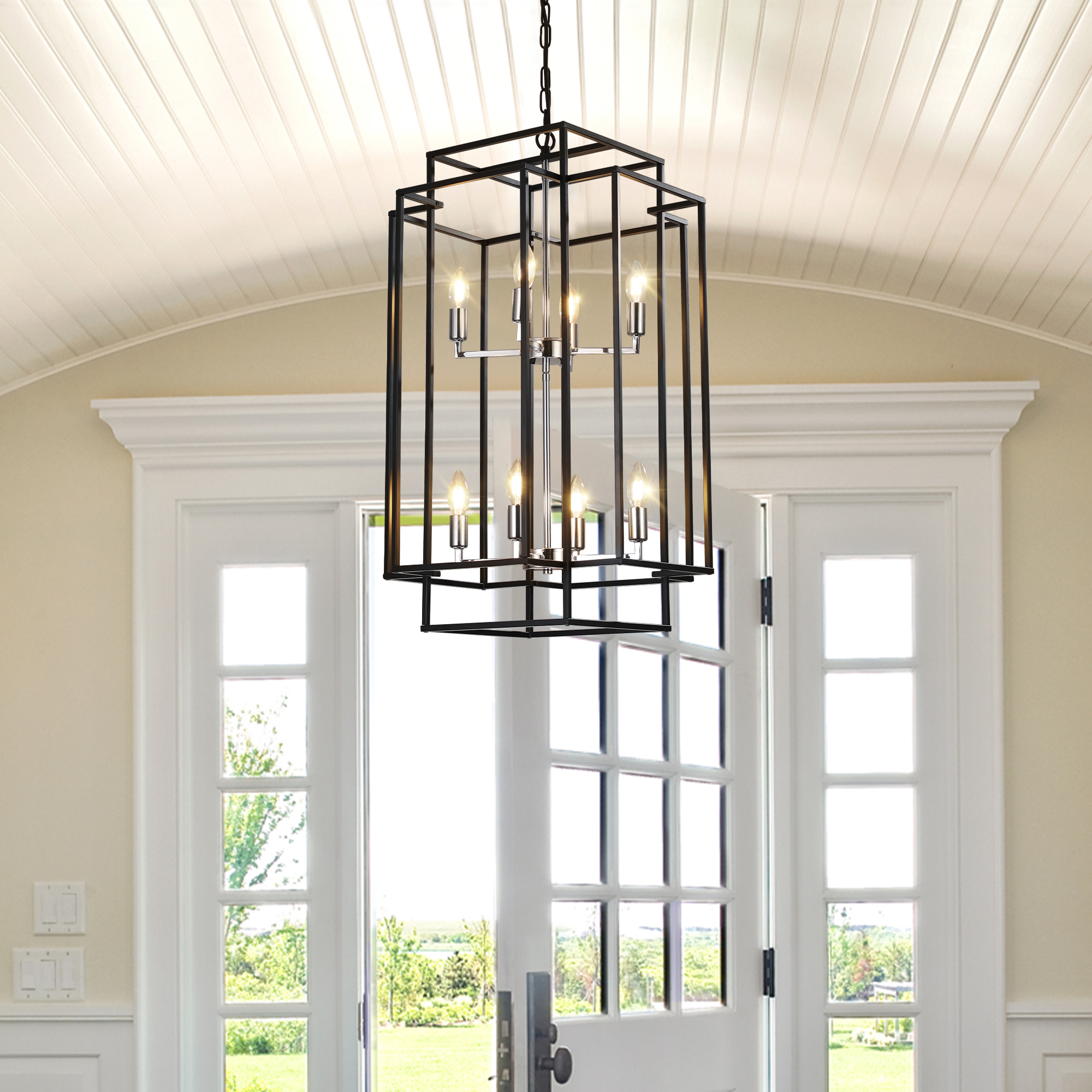 (Same as W1340142525/L1018-C) 18" Modern 8-Light Black & Chrome Geometric Pendant Chandelier, Industrial Metal Frame, Adjustable Hanging Light for Living Room, Dining Room, Kitchen (No Bulbs) - Image 2