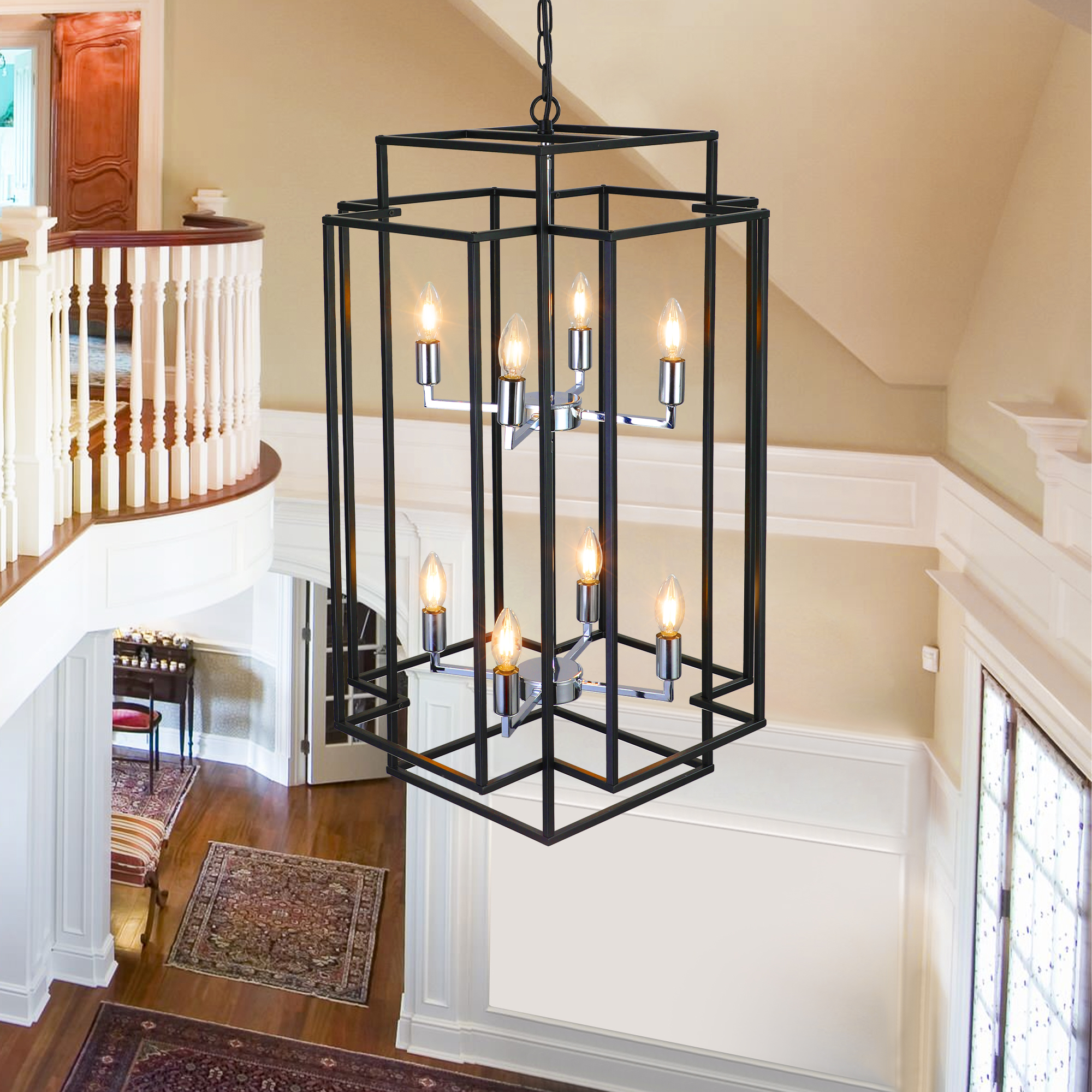 (Same as W1340142525/L1018-C) 18" Modern 8-Light Black & Chrome Geometric Pendant Chandelier, Industrial Metal Frame, Adjustable Hanging Light for Living Room, Dining Room, Kitchen (No Bulbs) - Image 3