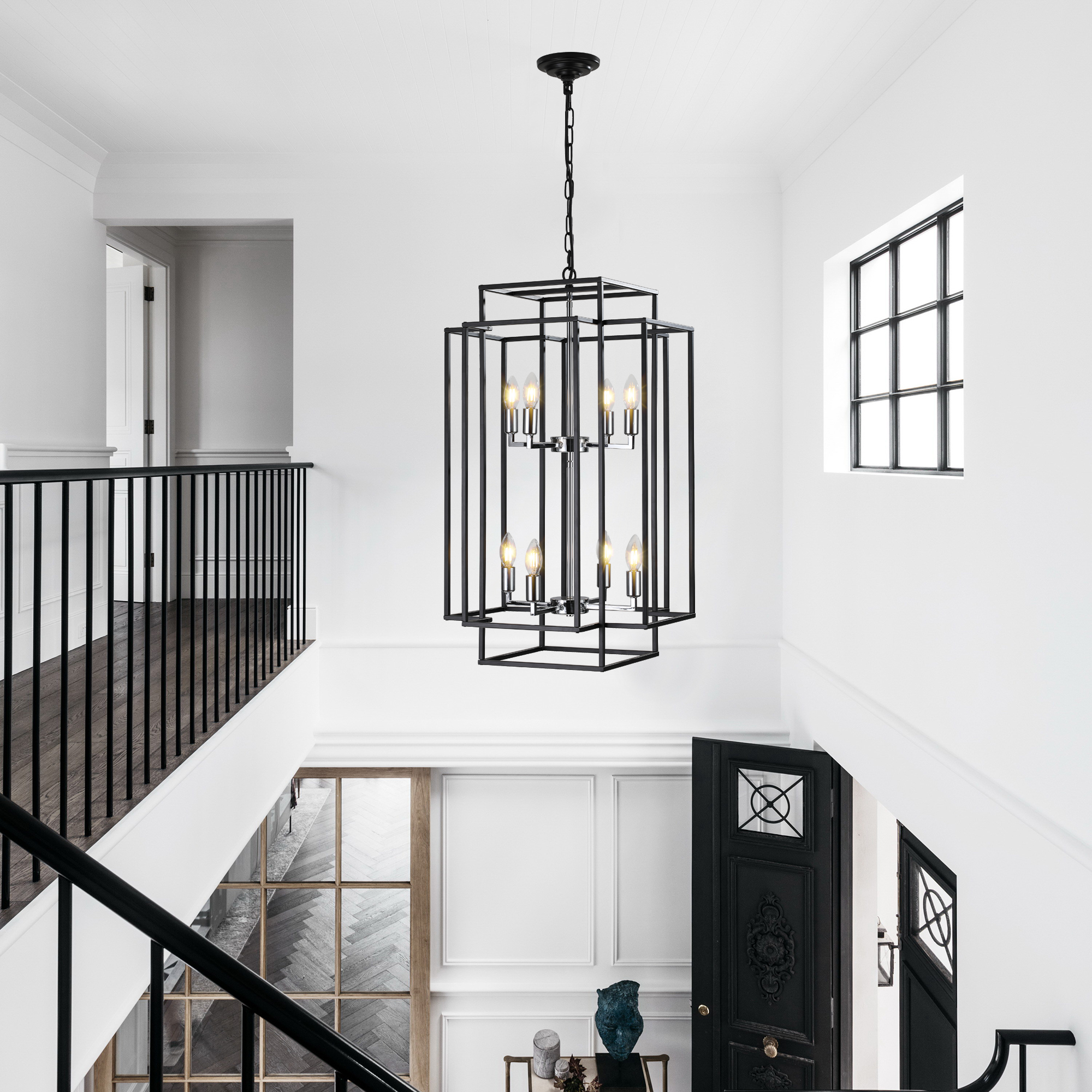 (Same as W1340142525/L1018-C) 18" Modern 8-Light Black & Chrome Geometric Pendant Chandelier, Industrial Metal Frame, Adjustable Hanging Light for Living Room, Dining Room, Kitchen (No Bulbs) - Image 4