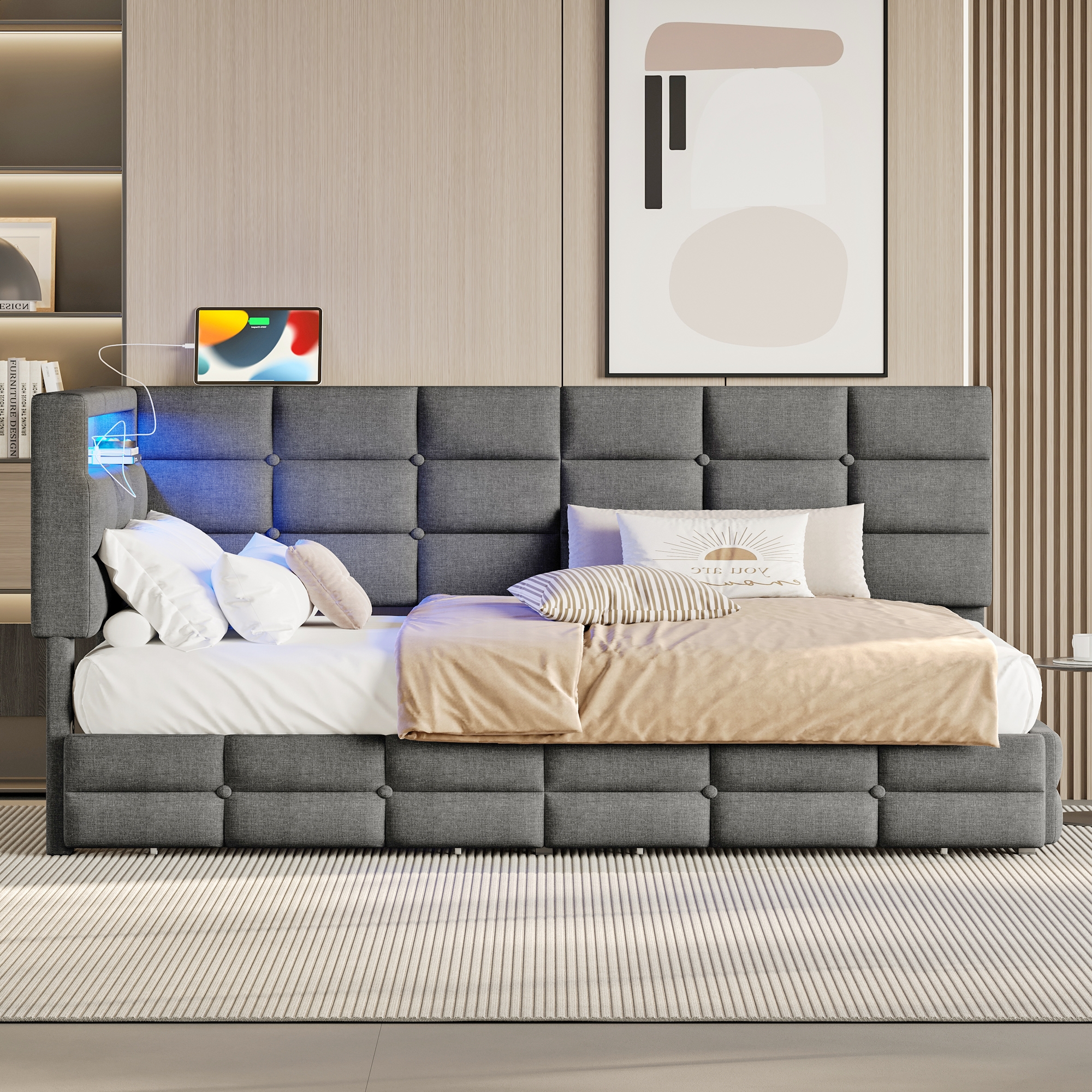 Upholstered Twin Size Daybed with Storage 2 Drawers and Charging Station, Day Bed Frame with LED Lights and Storage Headboard, No Box-Spring Needed, Gray - Image 2