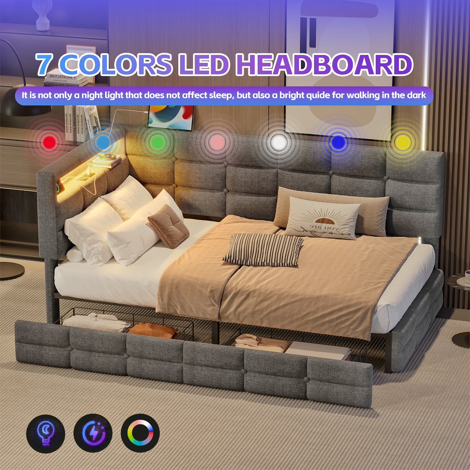 Upholstered Twin Size Daybed with Storage 2 Drawers and Charging Station, Day Bed Frame with LED Lights and Storage Headboard, No Box-Spring Needed, Gray - Image 3