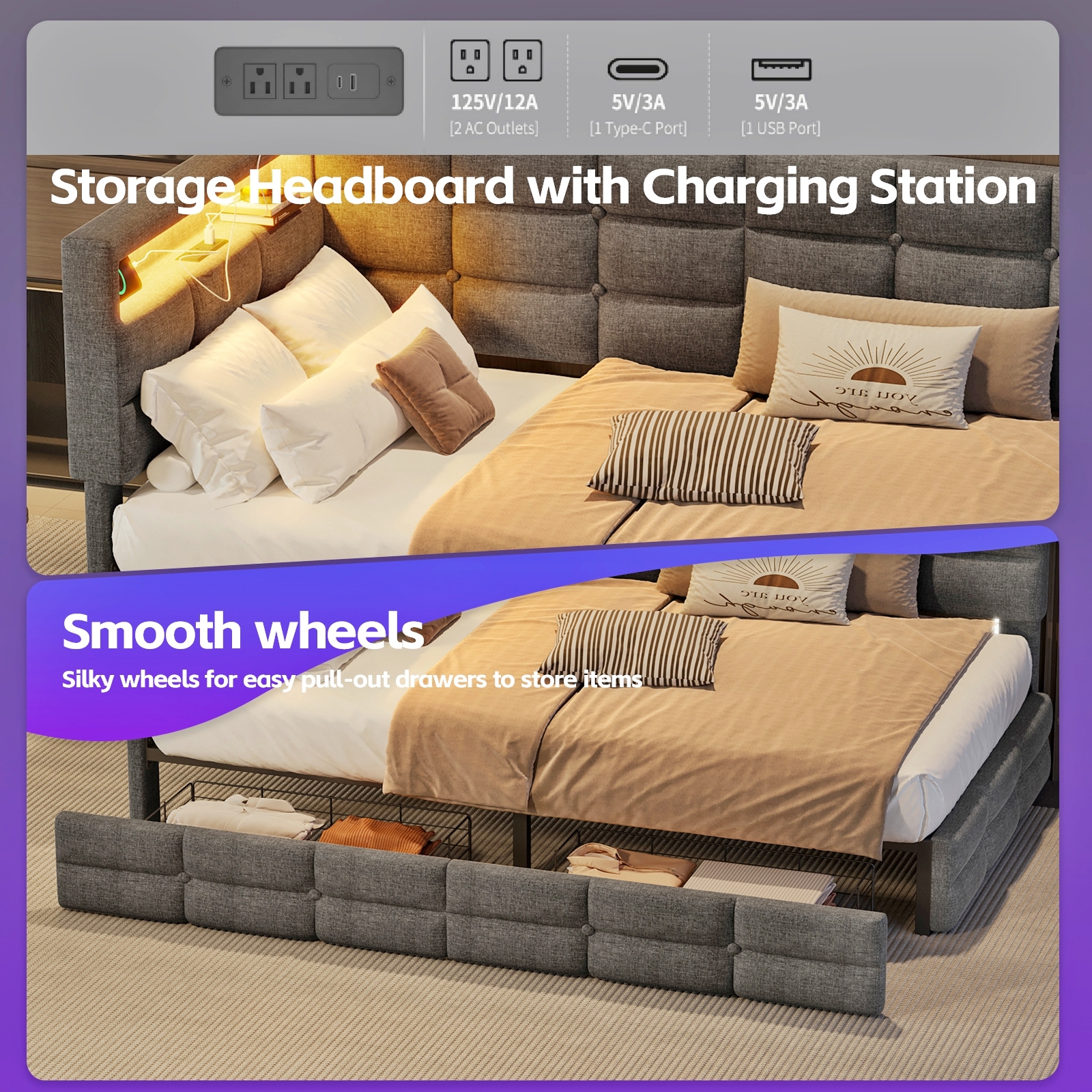 Upholstered Twin Size Daybed with Storage 2 Drawers and Charging Station, Day Bed Frame with LED Lights and Storage Headboard, No Box-Spring Needed, Gray - Image 4