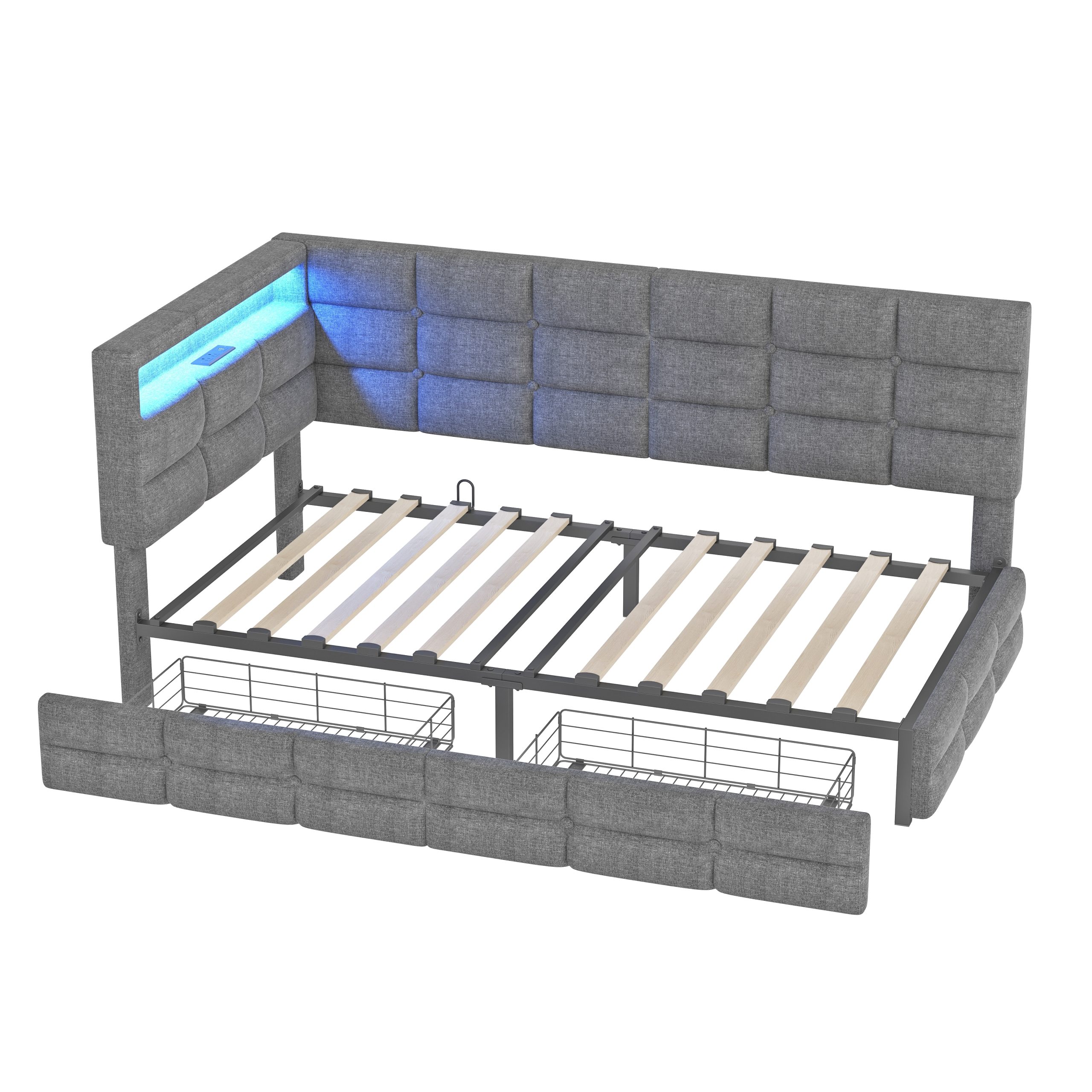 Upholstered Twin Size Daybed with Storage 2 Drawers and Charging Station, Day Bed Frame with LED Lights and Storage Headboard, No Box-Spring Needed, Gray - Image 5