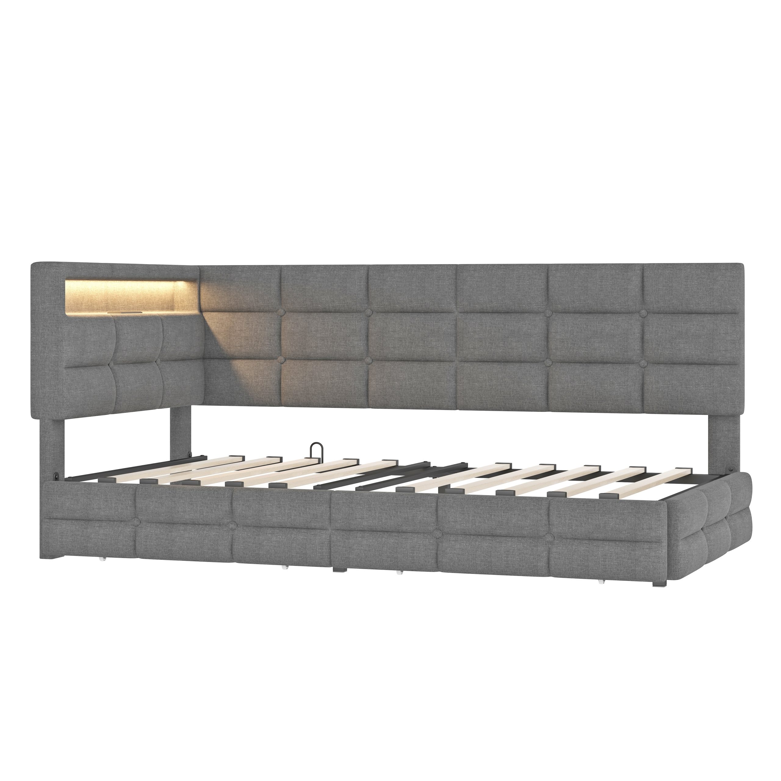 Upholstered Twin Size Daybed with Storage 2 Drawers and Charging Station, Day Bed Frame with LED Lights and Storage Headboard, No Box-Spring Needed, Gray - Image 6