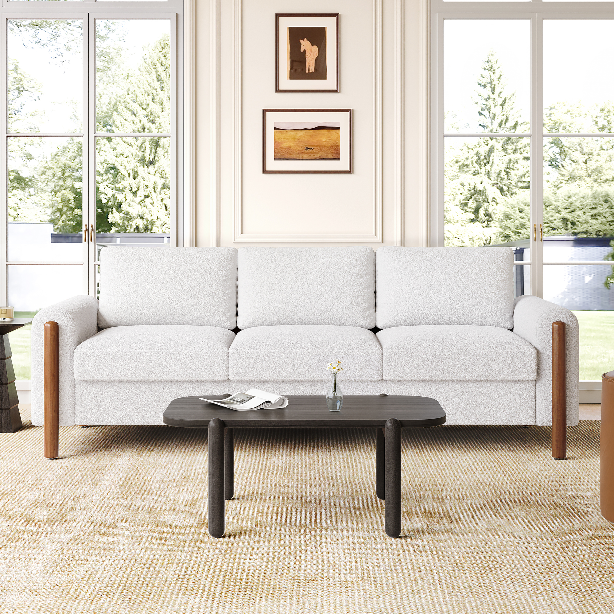 83.86" 3-Seater Sofa, Curved Armrest with Integrated Solid Wood Legs, Teddy Velvet Fabric, High Weight Capacity (250 lbs/seat), Durable Solid Wood Frame,Cream White - Image 2