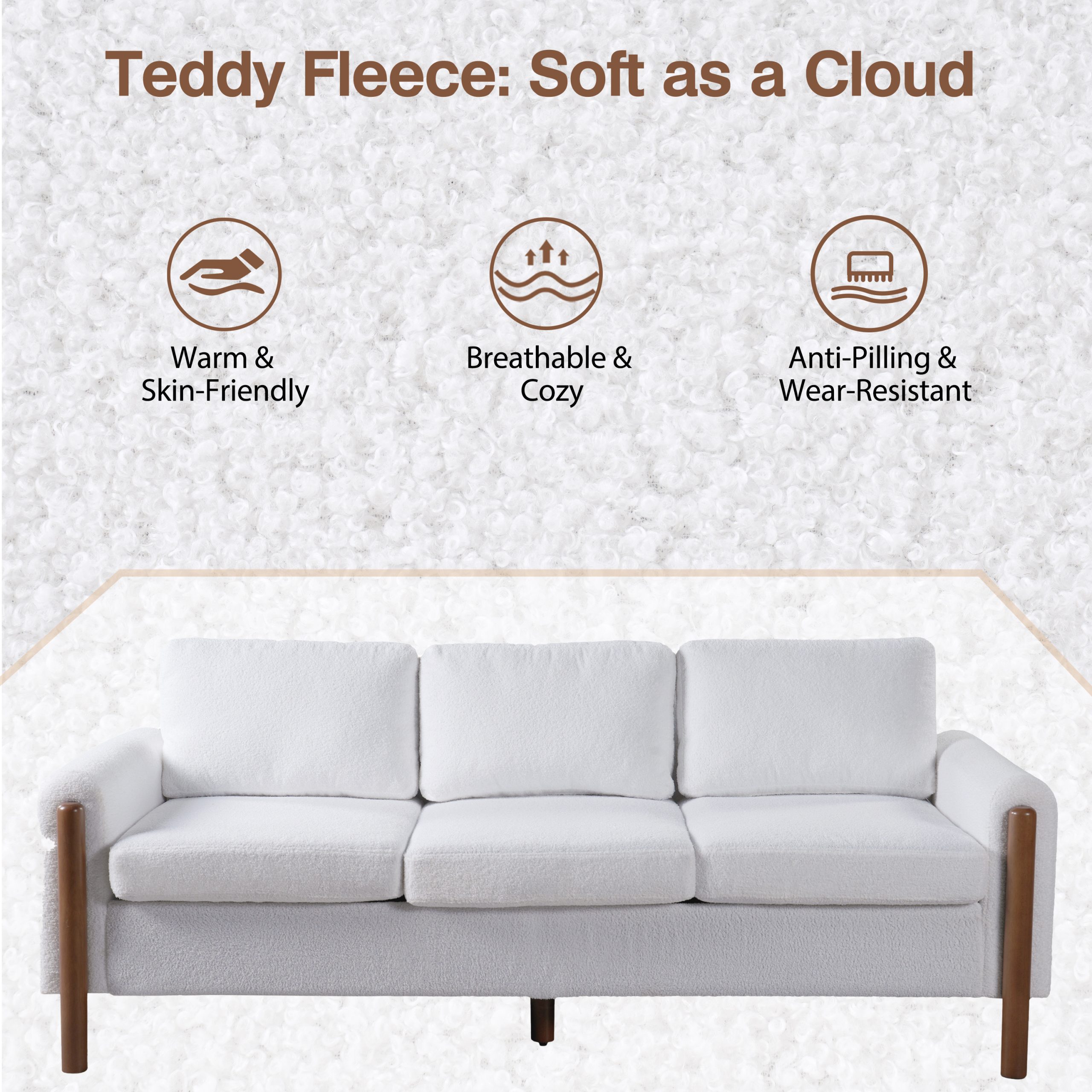 83.86" 3-Seater Sofa, Curved Armrest with Integrated Solid Wood Legs, Teddy Velvet Fabric, High Weight Capacity (250 lbs/seat), Durable Solid Wood Frame,Cream White - Image 3
