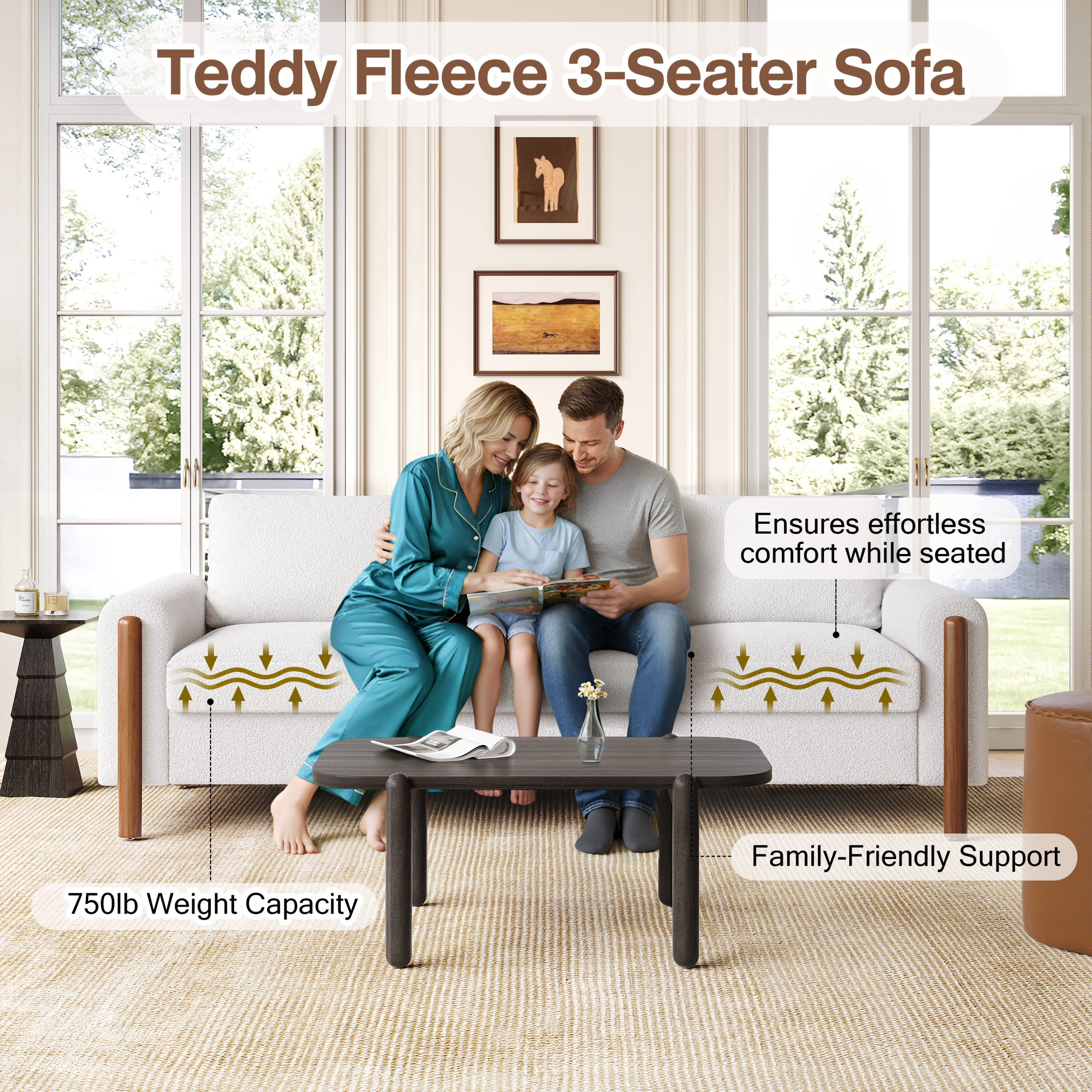 83.86" 3-Seater Sofa, Curved Armrest with Integrated Solid Wood Legs, Teddy Velvet Fabric, High Weight Capacity (250 lbs/seat), Durable Solid Wood Frame,Cream White - Image 4