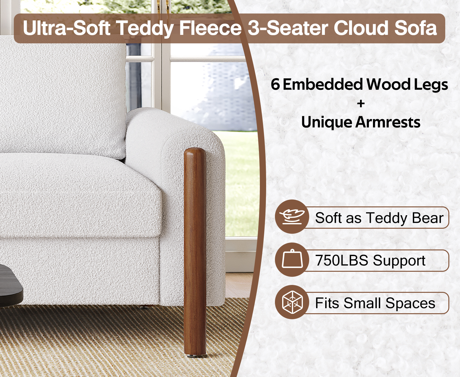 83.86" 3-Seater Sofa, Curved Armrest with Integrated Solid Wood Legs, Teddy Velvet Fabric, High Weight Capacity (250 lbs/seat), Durable Solid Wood Frame,Cream White - Image 5