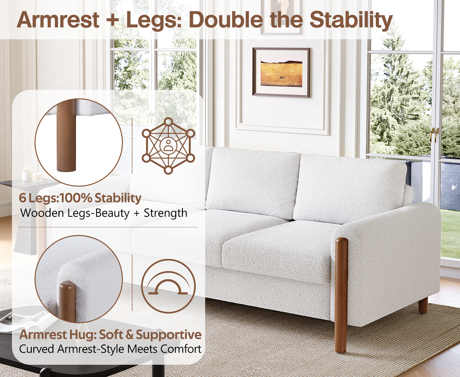 83.86" 3-Seater Sofa, Curved Armrest with Integrated Solid Wood Legs, Teddy Velvet Fabric, High Weight Capacity (250 lbs/seat), Durable Solid Wood Frame,Cream White - Image 6