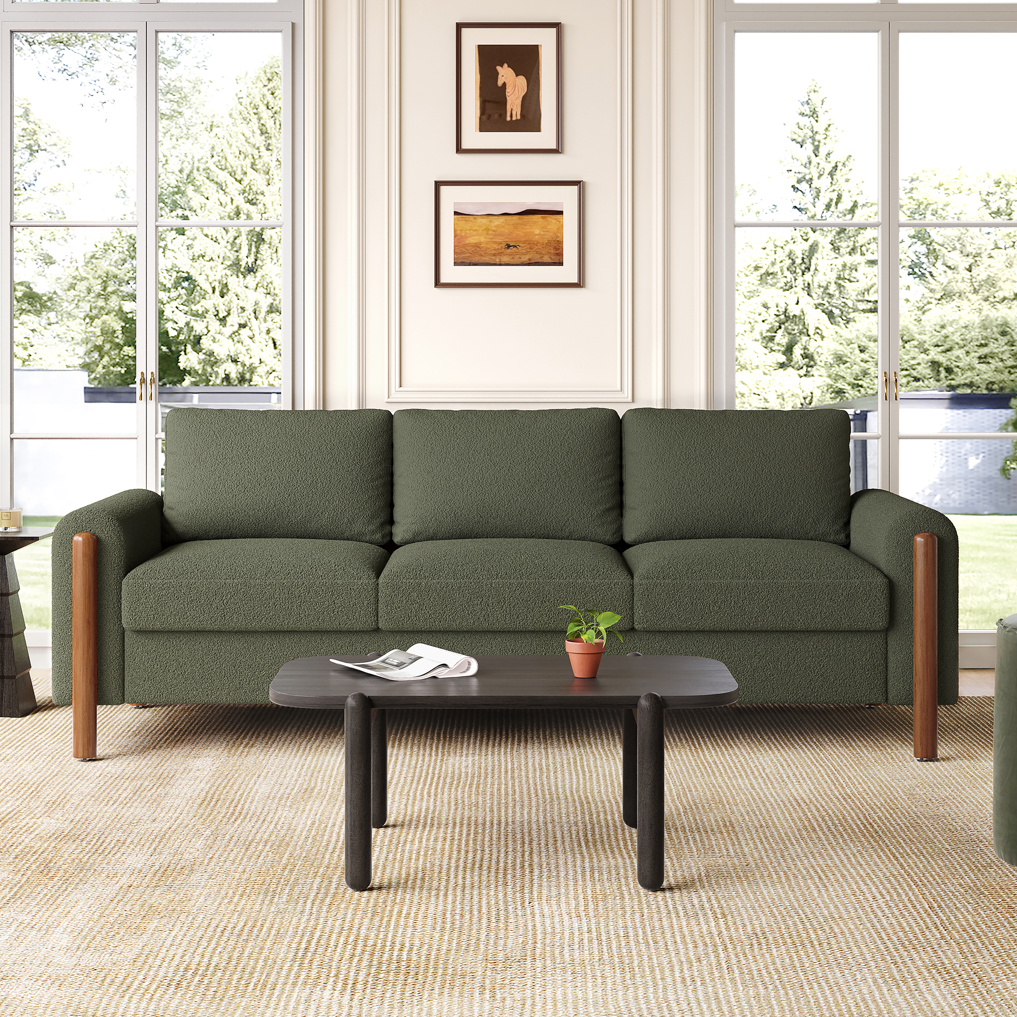 83.86" 3-Seater Sofa, Curved Armrest with Integrated Solid Wood Legs, Teddy Velvet Fabric, High Weight Capacity (250 lbs/seat), Durable Solid Wood Frame,Green - Image 2