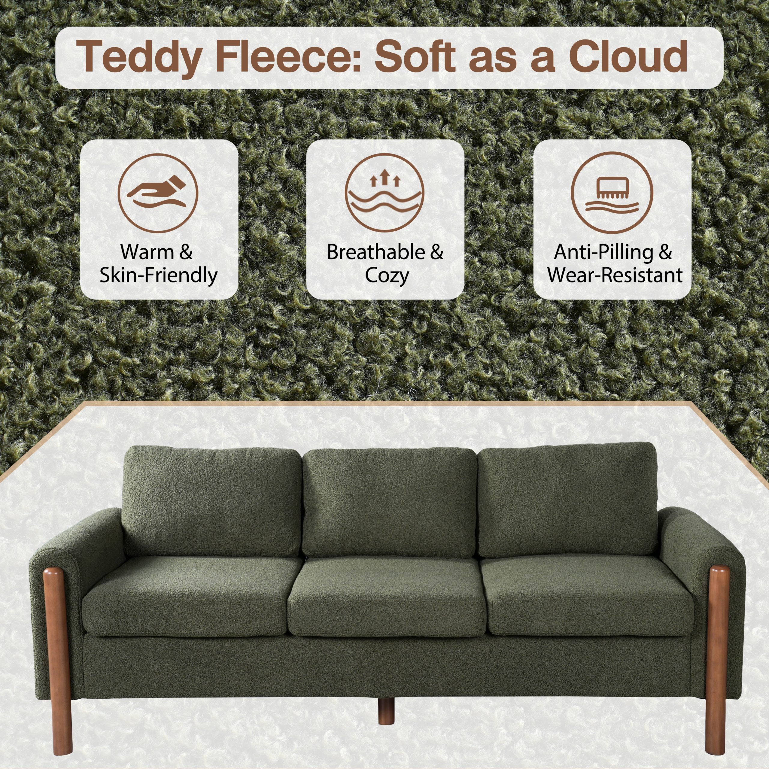 83.86" 3-Seater Sofa, Curved Armrest with Integrated Solid Wood Legs, Teddy Velvet Fabric, High Weight Capacity (250 lbs/seat), Durable Solid Wood Frame,Green - Image 3