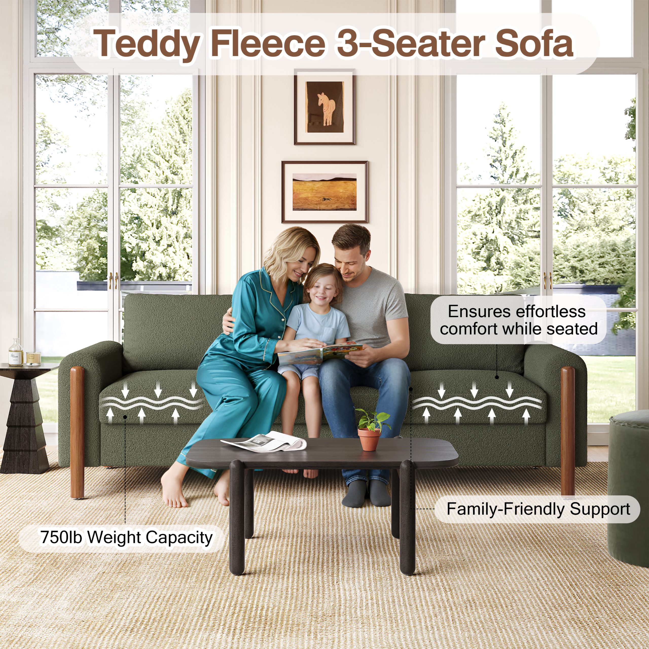 83.86" 3-Seater Sofa, Curved Armrest with Integrated Solid Wood Legs, Teddy Velvet Fabric, High Weight Capacity (250 lbs/seat), Durable Solid Wood Frame,Green - Image 4