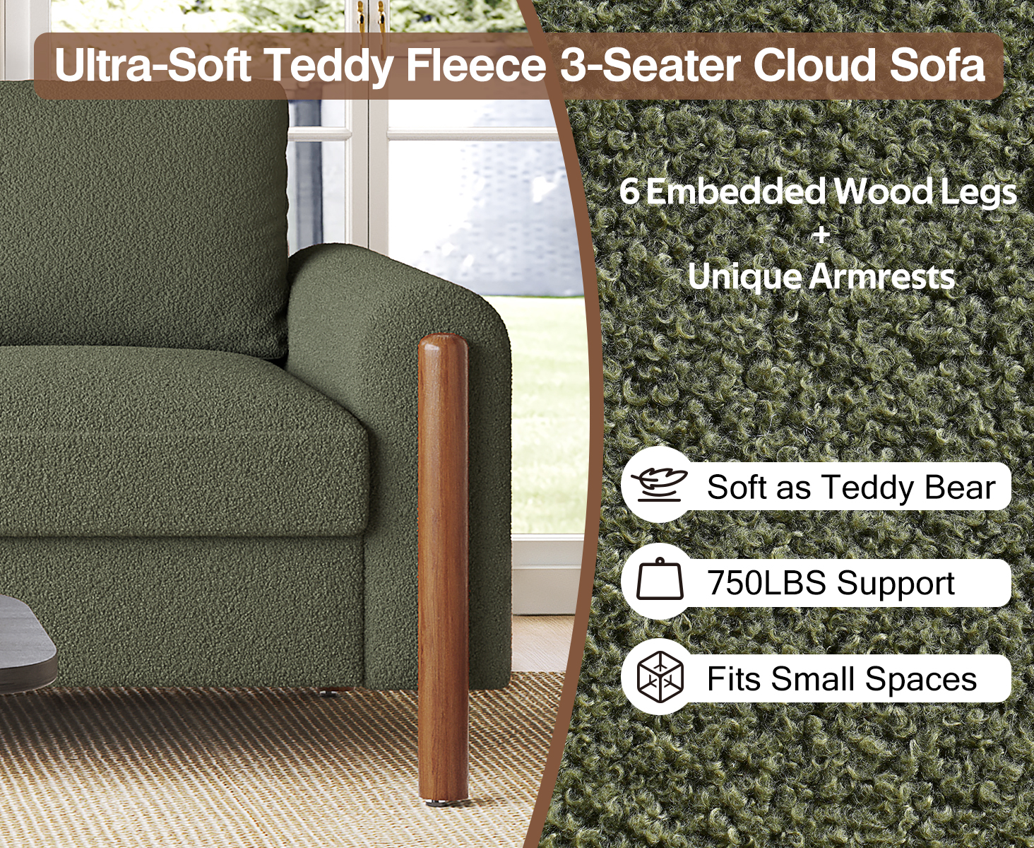 83.86" 3-Seater Sofa, Curved Armrest with Integrated Solid Wood Legs, Teddy Velvet Fabric, High Weight Capacity (250 lbs/seat), Durable Solid Wood Frame,Green - Image 5