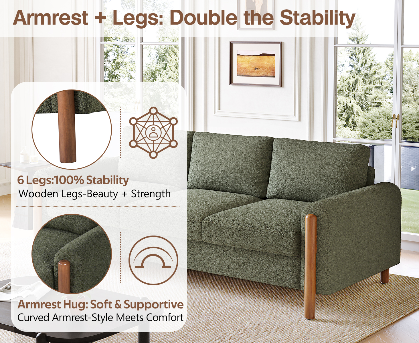 83.86" 3-Seater Sofa, Curved Armrest with Integrated Solid Wood Legs, Teddy Velvet Fabric, High Weight Capacity (250 lbs/seat), Durable Solid Wood Frame,Green - Image 6