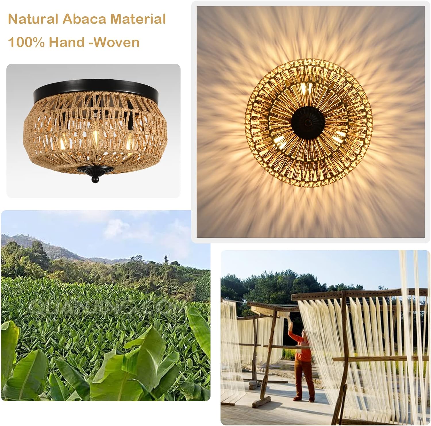 3-Lights Woven Rattan Flush Mount Ceiling Light Fixture with Hand-Worked Cage Shade for Bedroom, Kitchen, Foyer, Porch - Image 2