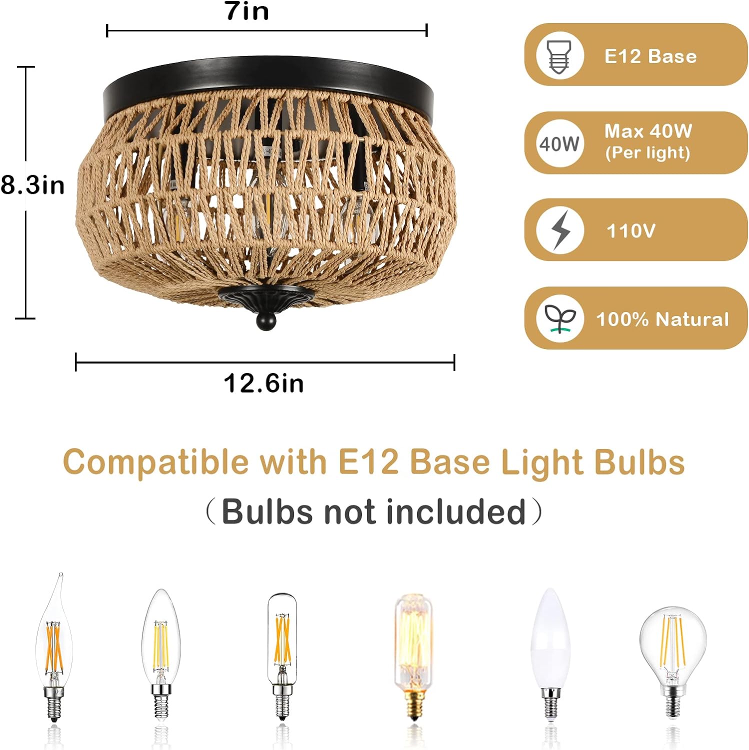 3-Lights Woven Rattan Flush Mount Ceiling Light Fixture with Hand-Worked Cage Shade for Bedroom, Kitchen, Foyer, Porch - Image 5