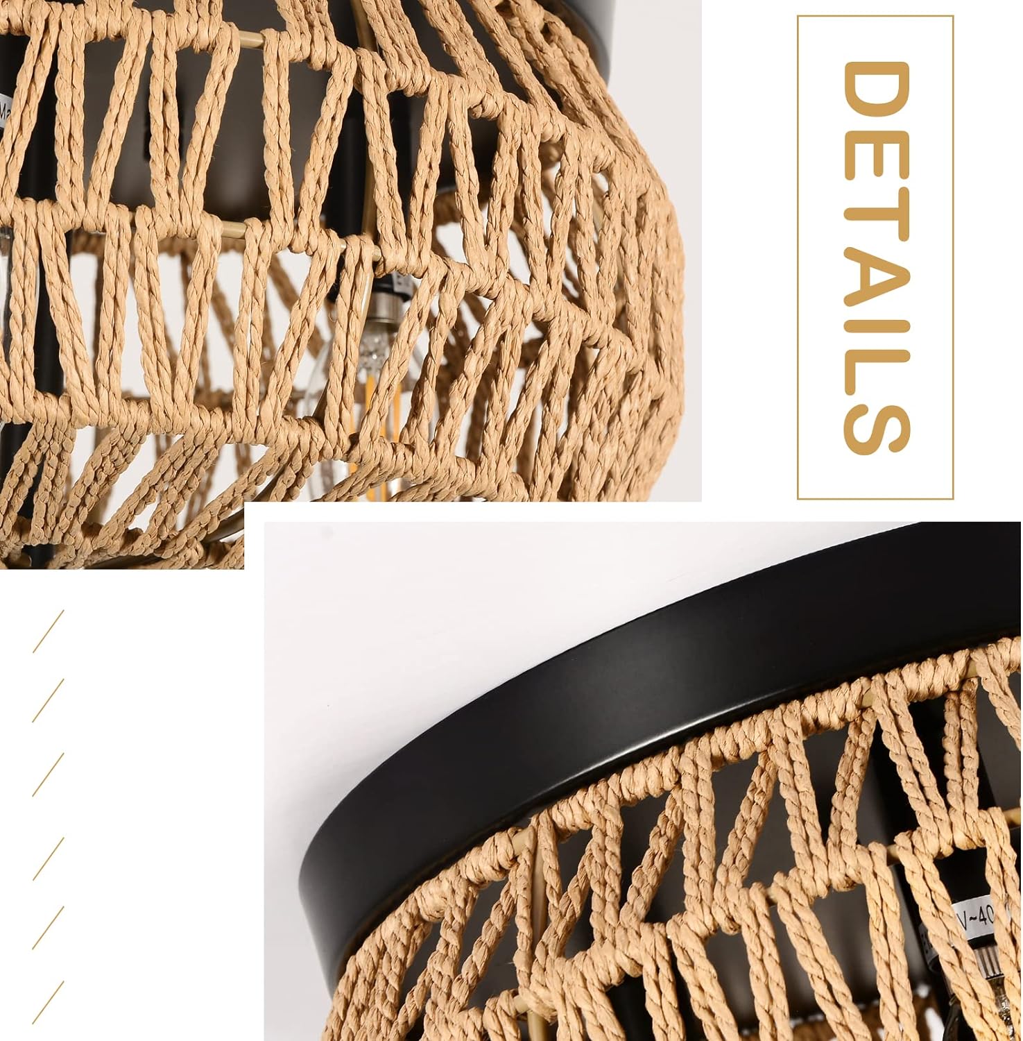 3-Lights Woven Rattan Flush Mount Ceiling Light Fixture with Hand-Worked Cage Shade for Bedroom, Kitchen, Foyer, Porch - Image 4