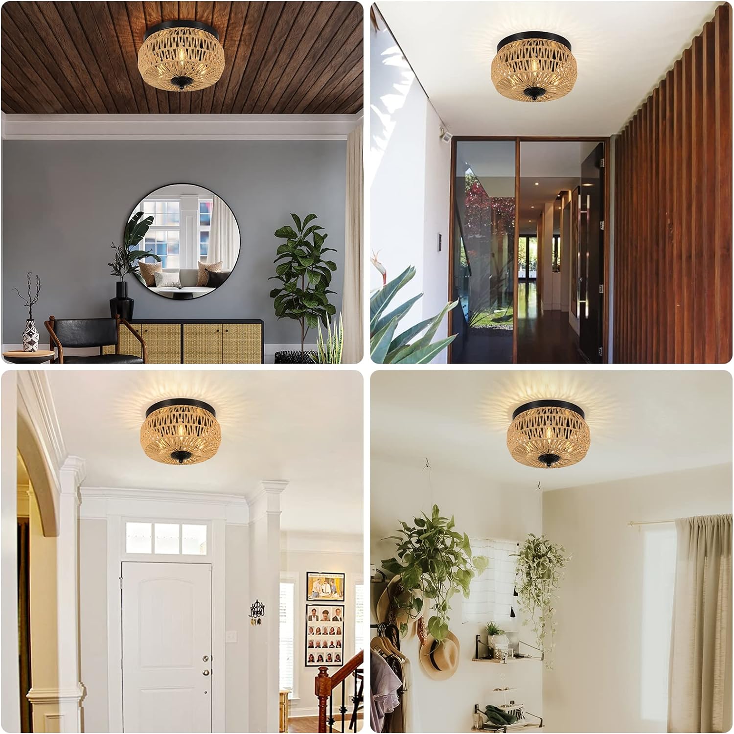 3-Lights Woven Rattan Flush Mount Ceiling Light Fixture with Hand-Worked Cage Shade for Bedroom, Kitchen, Foyer, Porch - Image 6