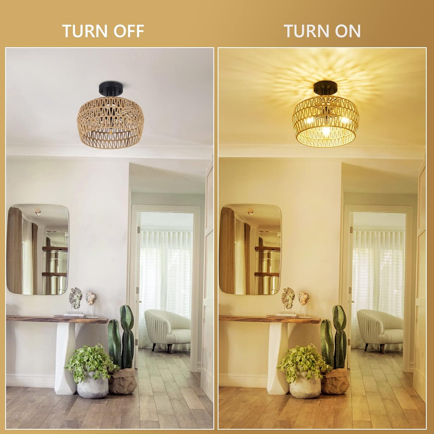 Semi Flush Mount Ceiling Light, Rattan Light Fixture Ceiling Mount with Handmade Wicker Lampshade, 3-Lights Boho Chandelier, Woven Close to Ceiling Light for Bedroom Hallway Living Room Kitchen - Image 2